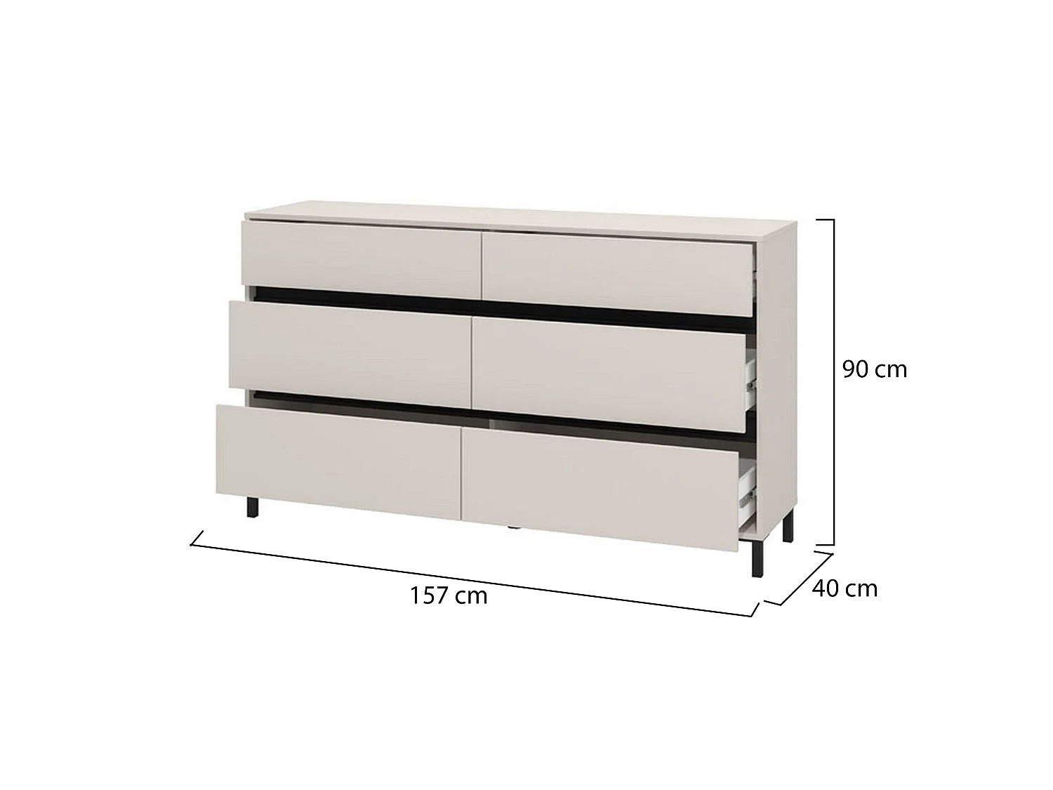 Cassettiera Mapelloo, 6 Cassetti, 157x40x90h cm Beige, Apertura Scorrevole, Chiusura Scorrevole