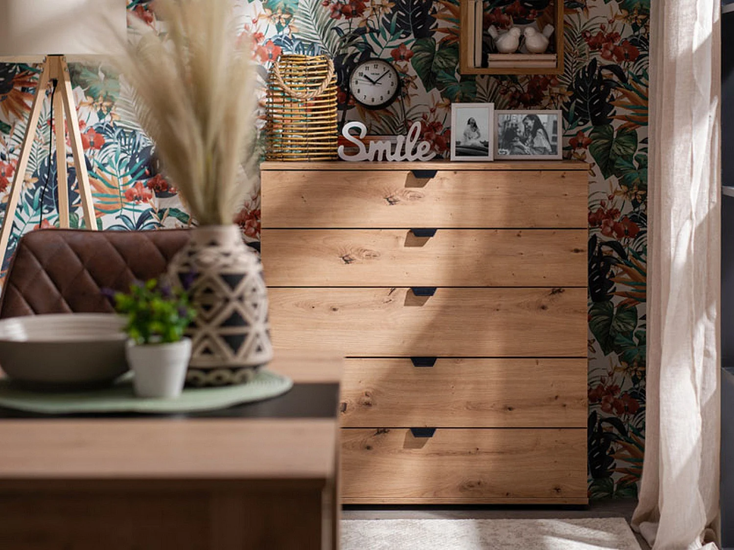 Cassettiera Mainarda, 5 Cassetti, 90x40x95h cm Marrone Rovere Nodi, Apertura Scorrevole, Chiusura Scorrevole