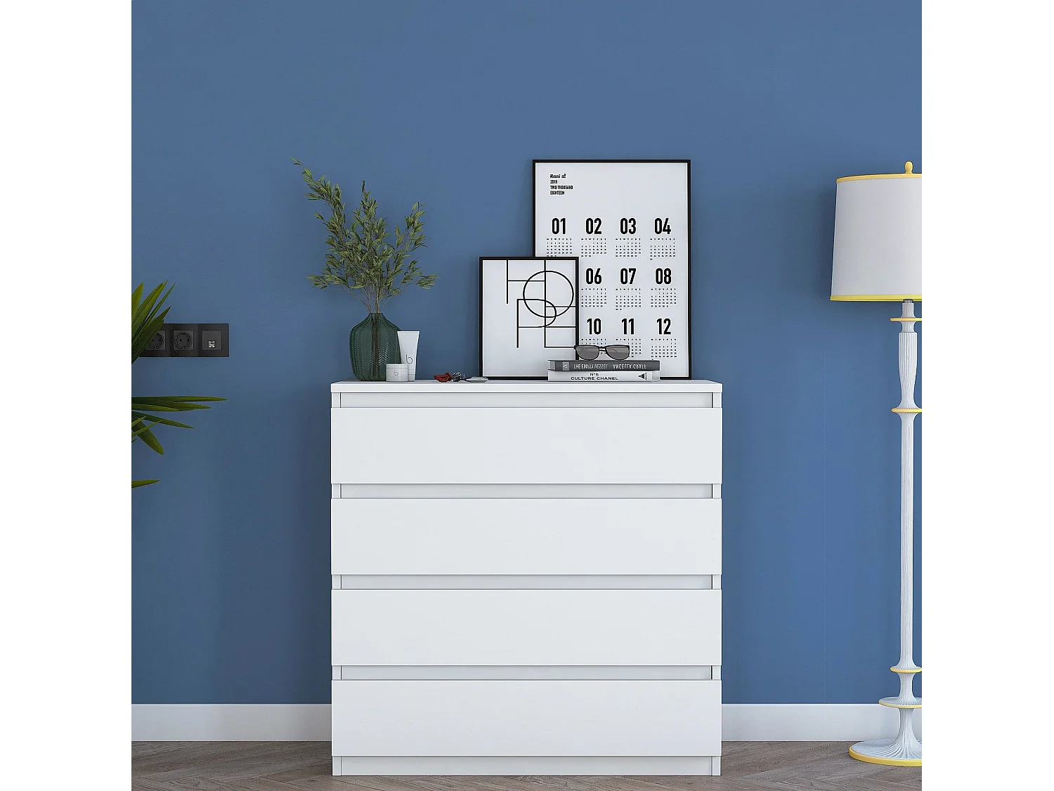 Cassettiera Gorle, 4 Cassetti, 80x47x98h cm Bianco, Apertura Scorrevole, Chiusura Scorrevole