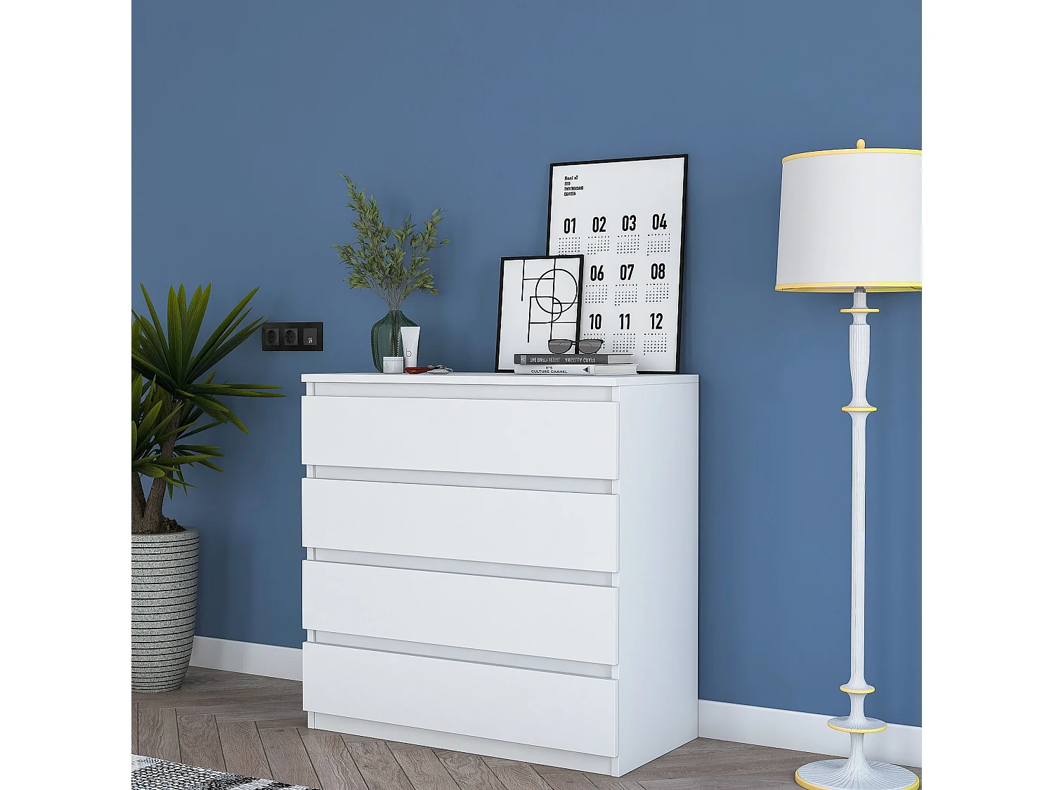 Cassettiera Gorle, 4 Cassetti, 80x47x98h cm Bianco, Apertura Scorrevole, Chiusura Scorrevole
