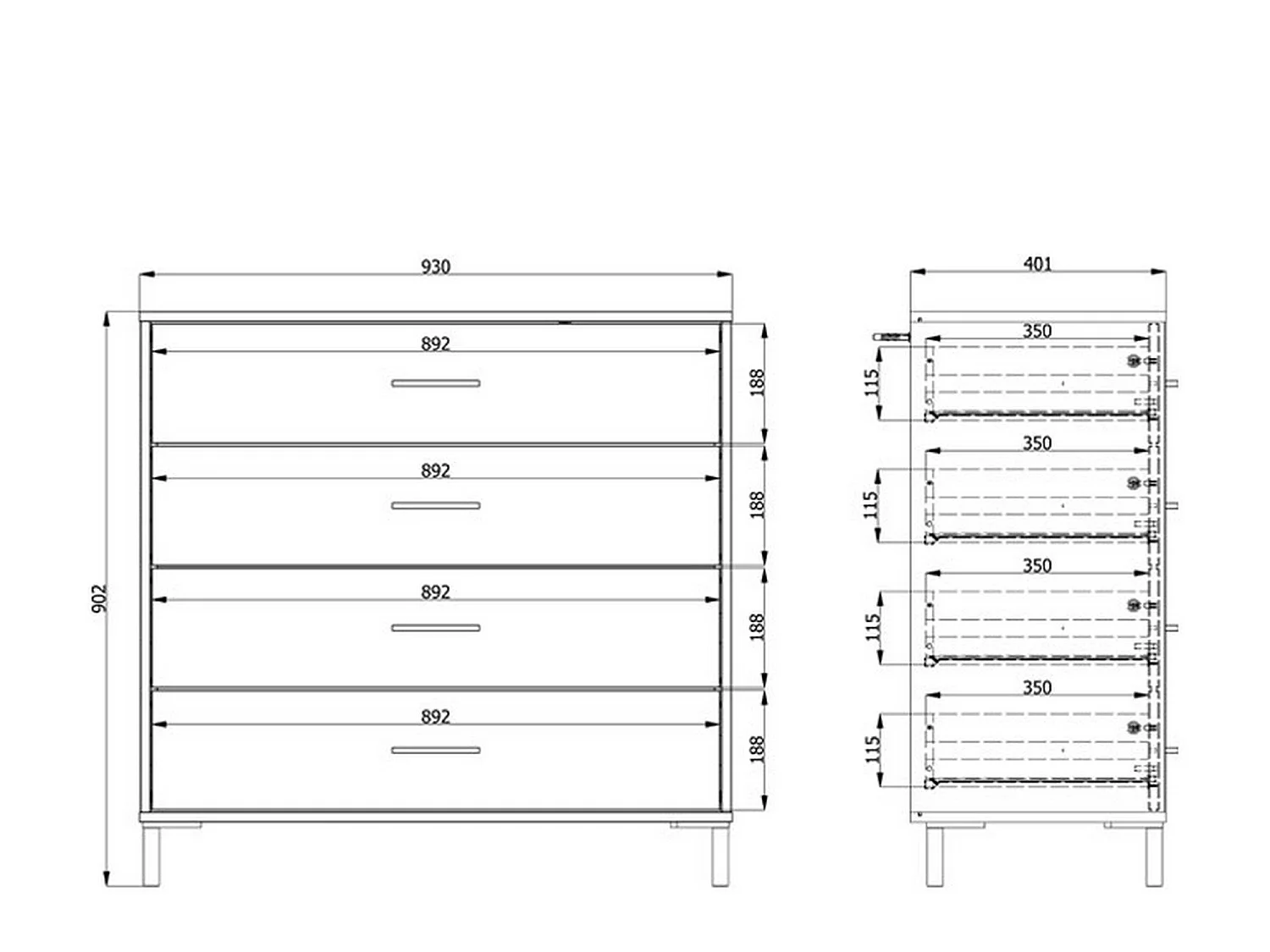 Cassettiera Vidor, 4 Cassetti, 93x40x90h cm Marrone Rovere Nodi, Apertura Scorrevole, Chiusura Scorrevole