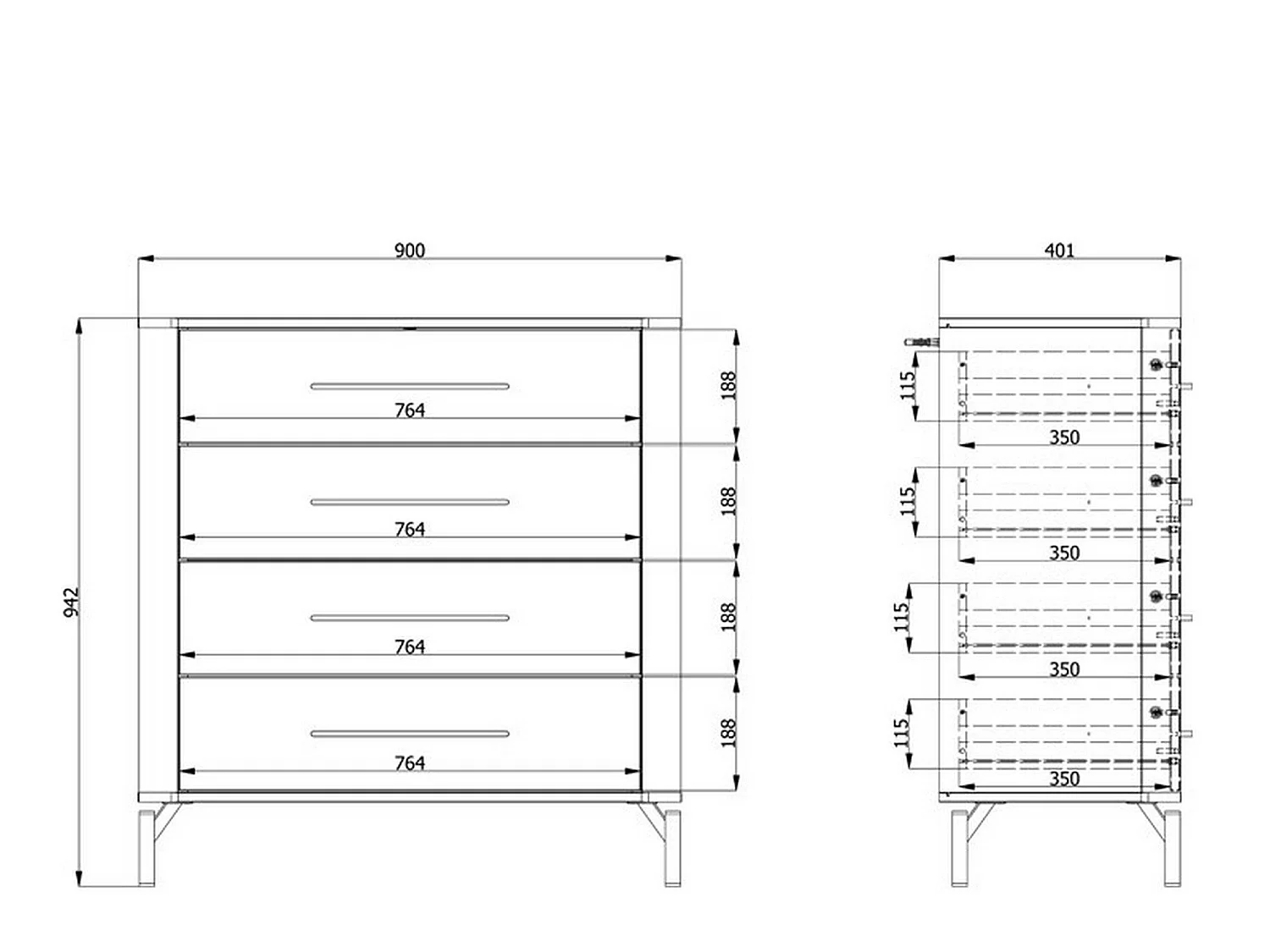 Cassettiera Mogoro, 4 Cassetti, 90x40x94h cm Bianco, Apertura Scorrevole, Chiusura Scorrevole