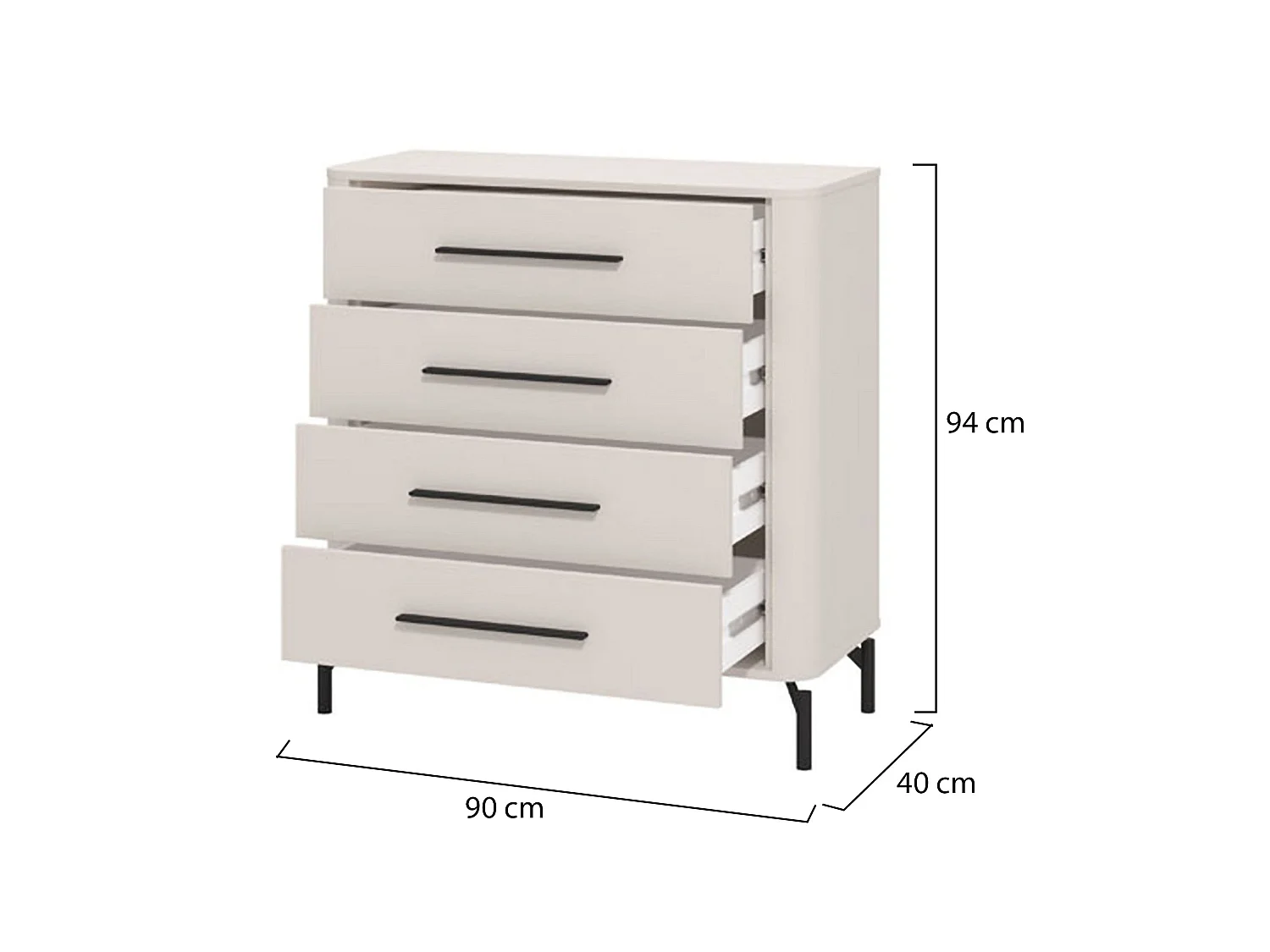 Cassettiera Mogoro, 4 Cassetti, 90x40x94h cm Bianco, Apertura Scorrevole, Chiusura Scorrevole