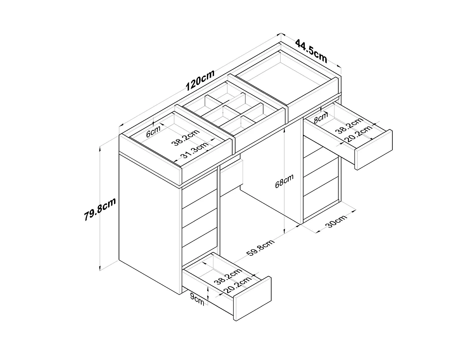 Ladekast Boldone, 13 lades, 120x45x80h cm wit, schuifopening, schuifsluiting
