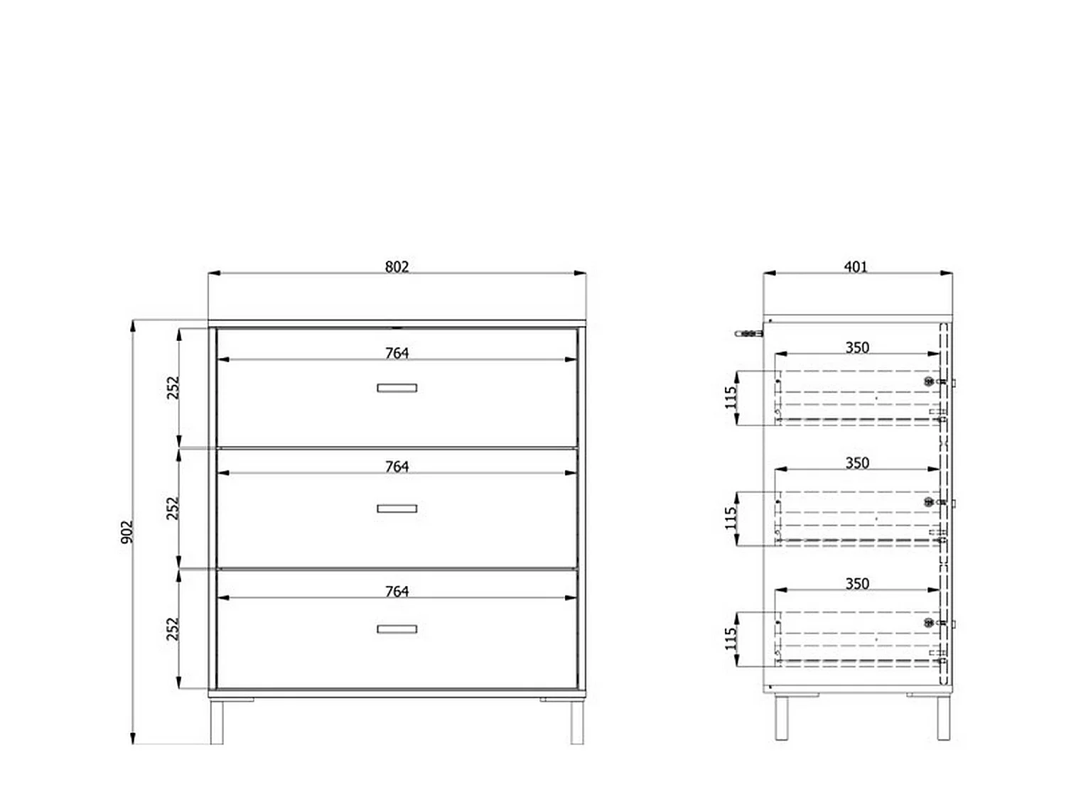 Cassettiera Portio, 3 Cassetti, 80x40x90h cm Bianco, Apertura Scorrevole, Chiusura Scorrevole