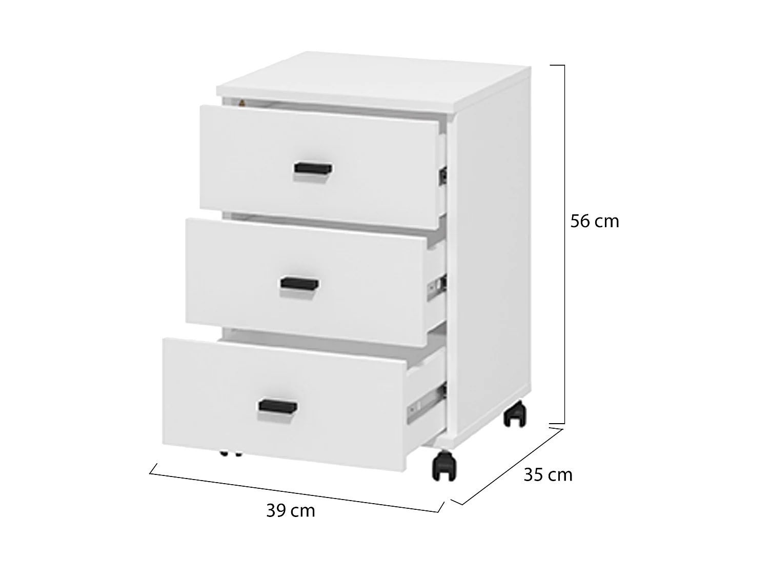 Cassettiera Kaza, 3 Cassetti, 39x35x56h cm Bianco Opaco, con Ruote, Apertura Scorrevole