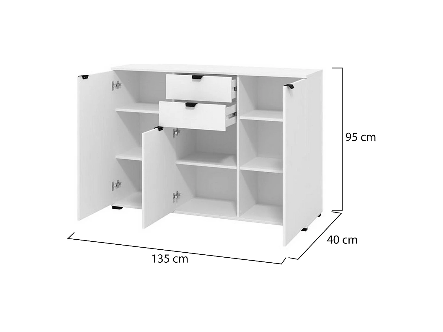 Cassettiera Mainarda, 2 Cassetti, 135x40x95h cm Bianco, Apertura Battente, Scorrevole, Chiusura Battente, Scorrevole