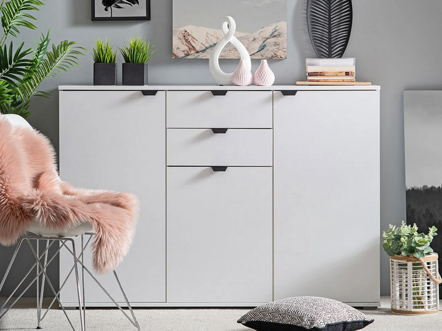Cassettiera Mainarda, 2 Cassetti, 135x40x95h cm Bianco, Apertura Battente, Scorrevole, Chiusura Battente, Scorrevole