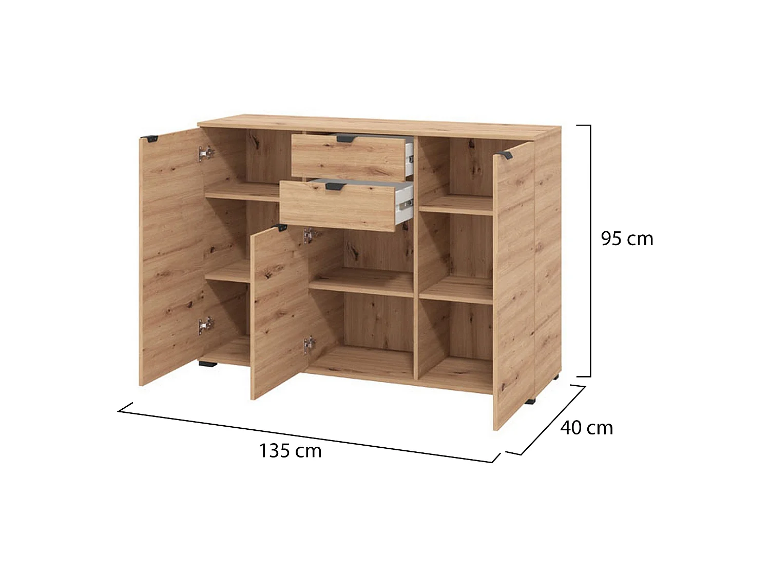 Cassettiera Mainarda, 2 Cassetti, 135x40x95h cm Marrone Rovere Nodi, Apertura Battente, Scorrevole, Chiusura Battente, Scorrevole