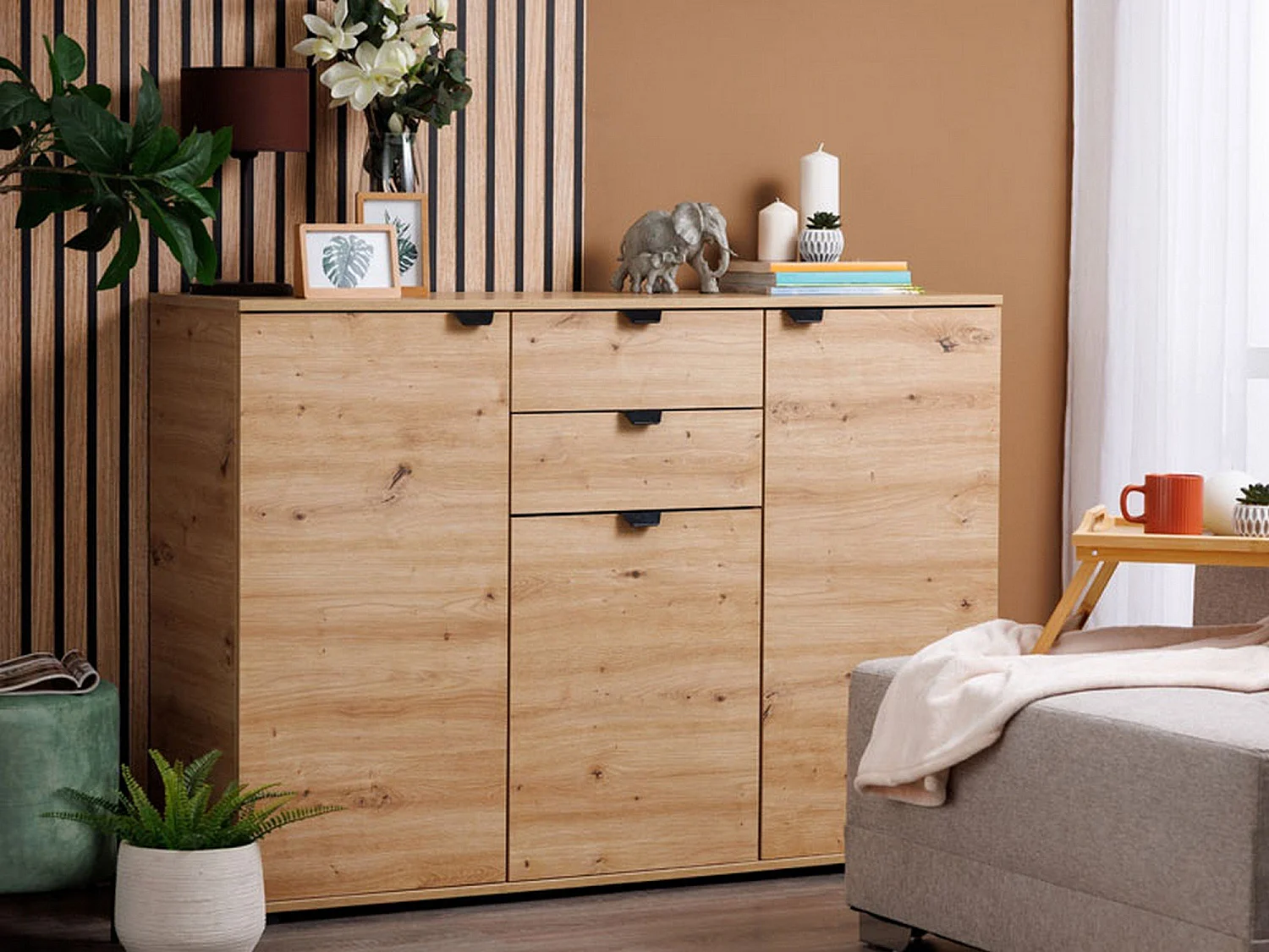 Cassettiera Mainarda, 2 Cassetti, 135x40x95h cm Marrone Rovere Nodi, Apertura Battente, Scorrevole, Chiusura Battente, Scorrevole