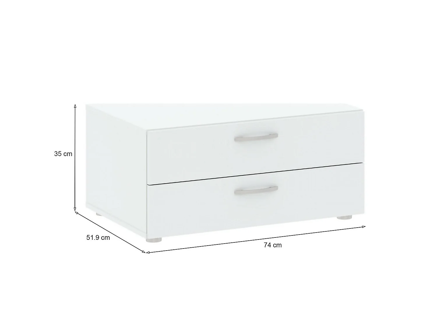 Cajonera baja, 2 cajones, 74x52x35h cm blanca, apertura deslizante, cierre deslizante