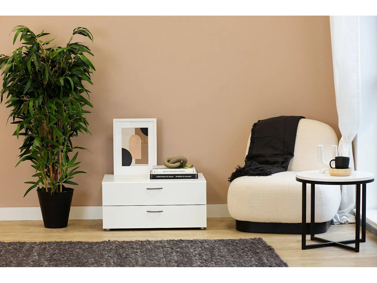 Cajonera baja, 2 cajones, 74x52x35h cm blanca, apertura deslizante, cierre deslizante