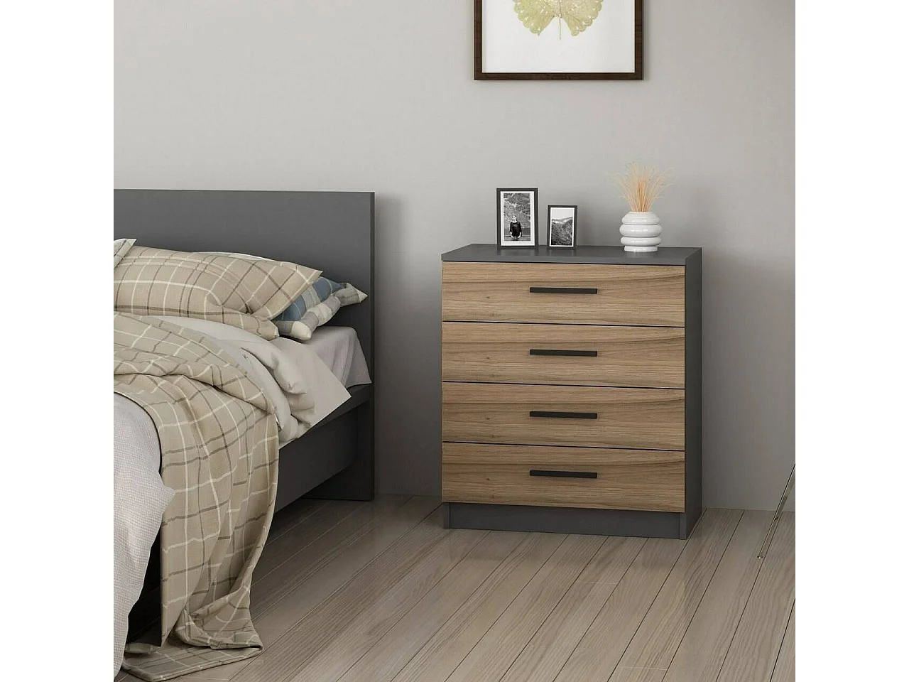 Cassettiera Kalmaegi, 4 Cassetti, 70x79x42h cm Marrone Noce, Apertura Scorrevole, Chiusura Scorrevole