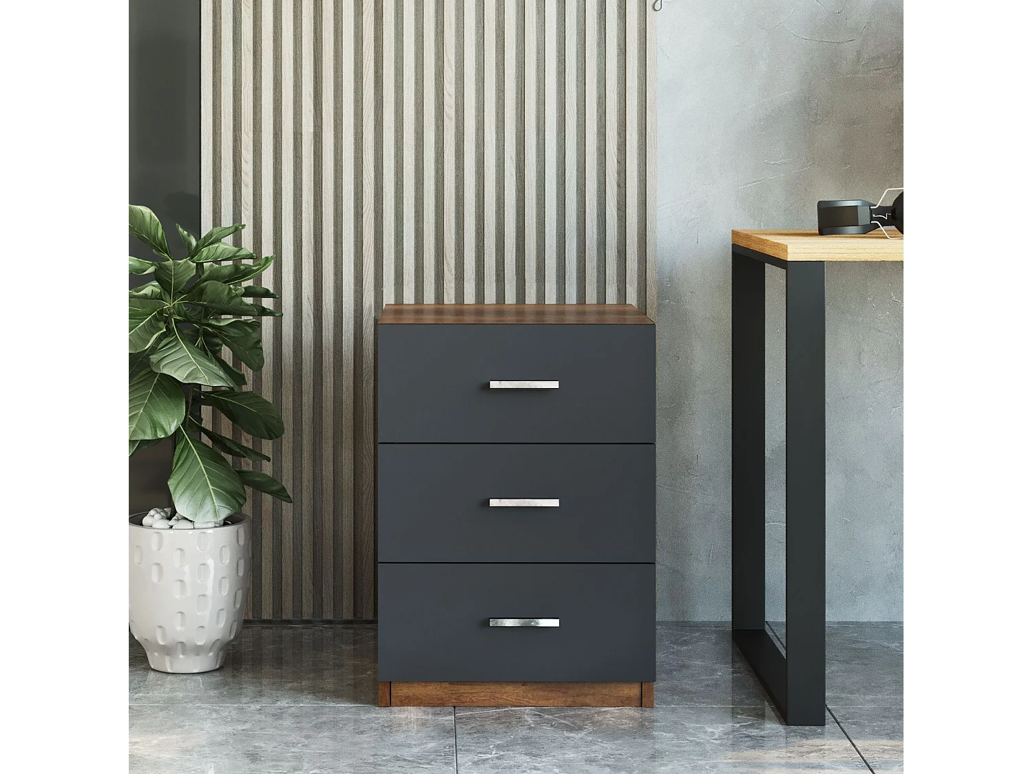 Cassettiera Trecate, 3 Cassetti, 45x47x62h cm Nero Antracite, Apertura Scorrevole, Chiusura Scorrevole