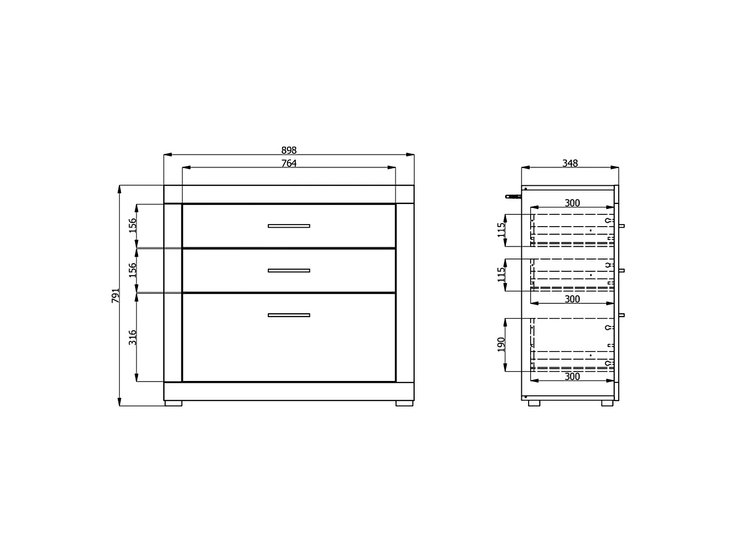 Cassettiera Hampi, 3 Cassetti, 90x35x79h cm Bianco, con Piedini, Apertura Scorrevole