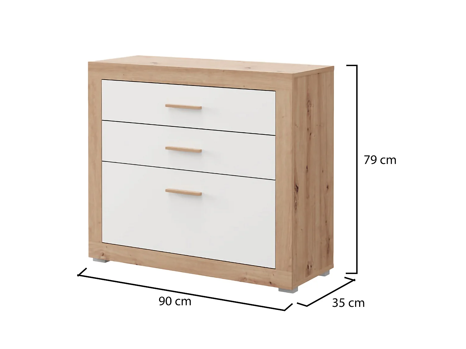 Cassettiera Hampi, 3 Cassetti, 90x35x79h cm Bianco, con Piedini, Apertura Scorrevole