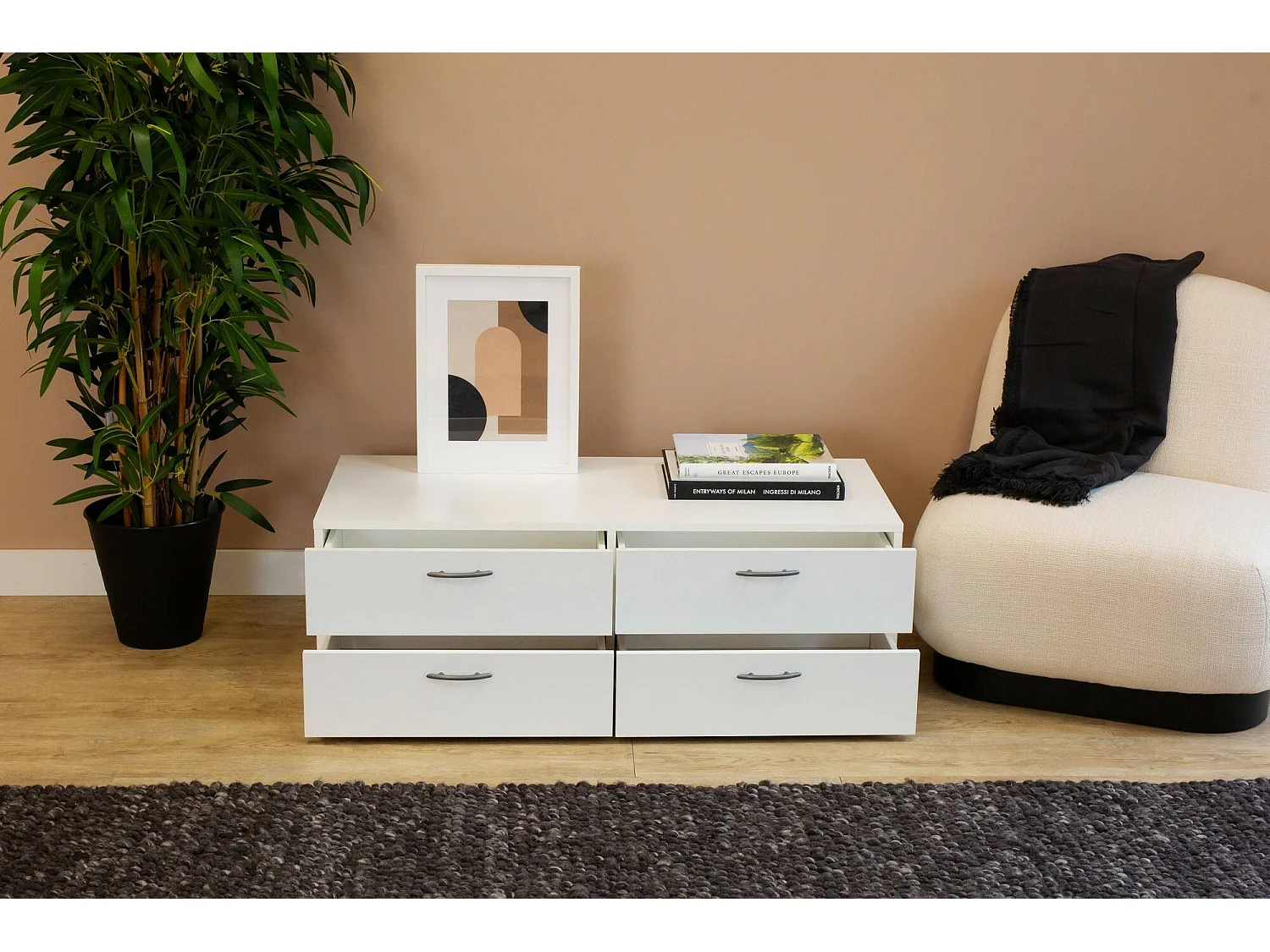 Ladekast Gignod, 4 laden, 111x52x35h cm wit, schuifopening, schuifsluiting