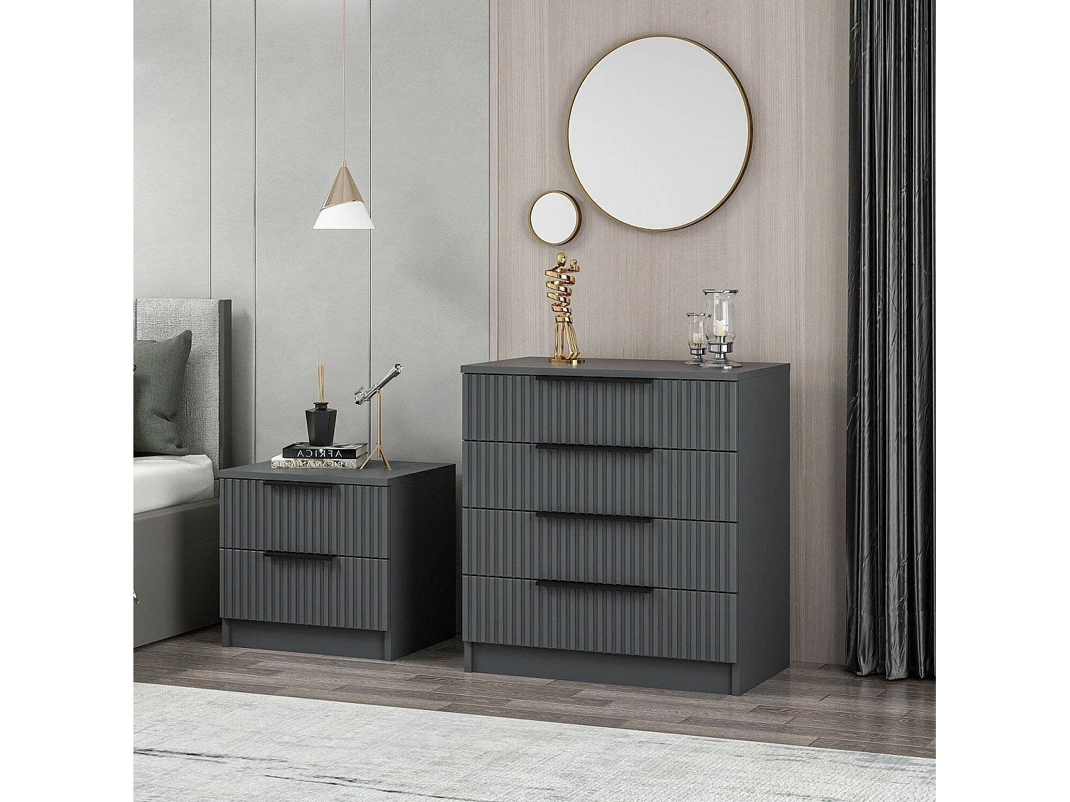 Cassettiera Vicente, 7 Cassetti, 72x42x77h cm Nero Antracite, Apertura Scorrevole, Chiusura Scorrevole