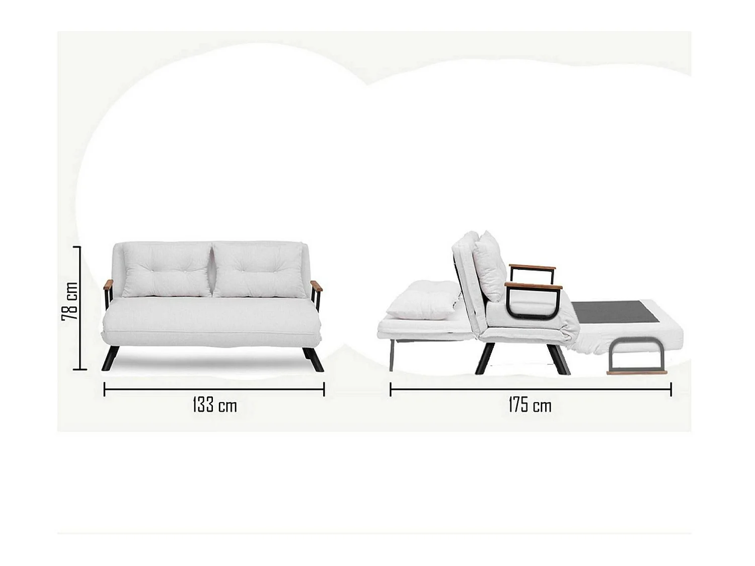 Canapé-lit 2 places Calvin, coffre de rangement, 133x78 cm blanc, inclinable, accoudoirs