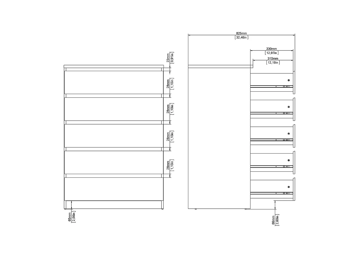 Ladekast Ansel, 5 laden, 77x50x111h cm beige, schuifopening, schuifsluiting