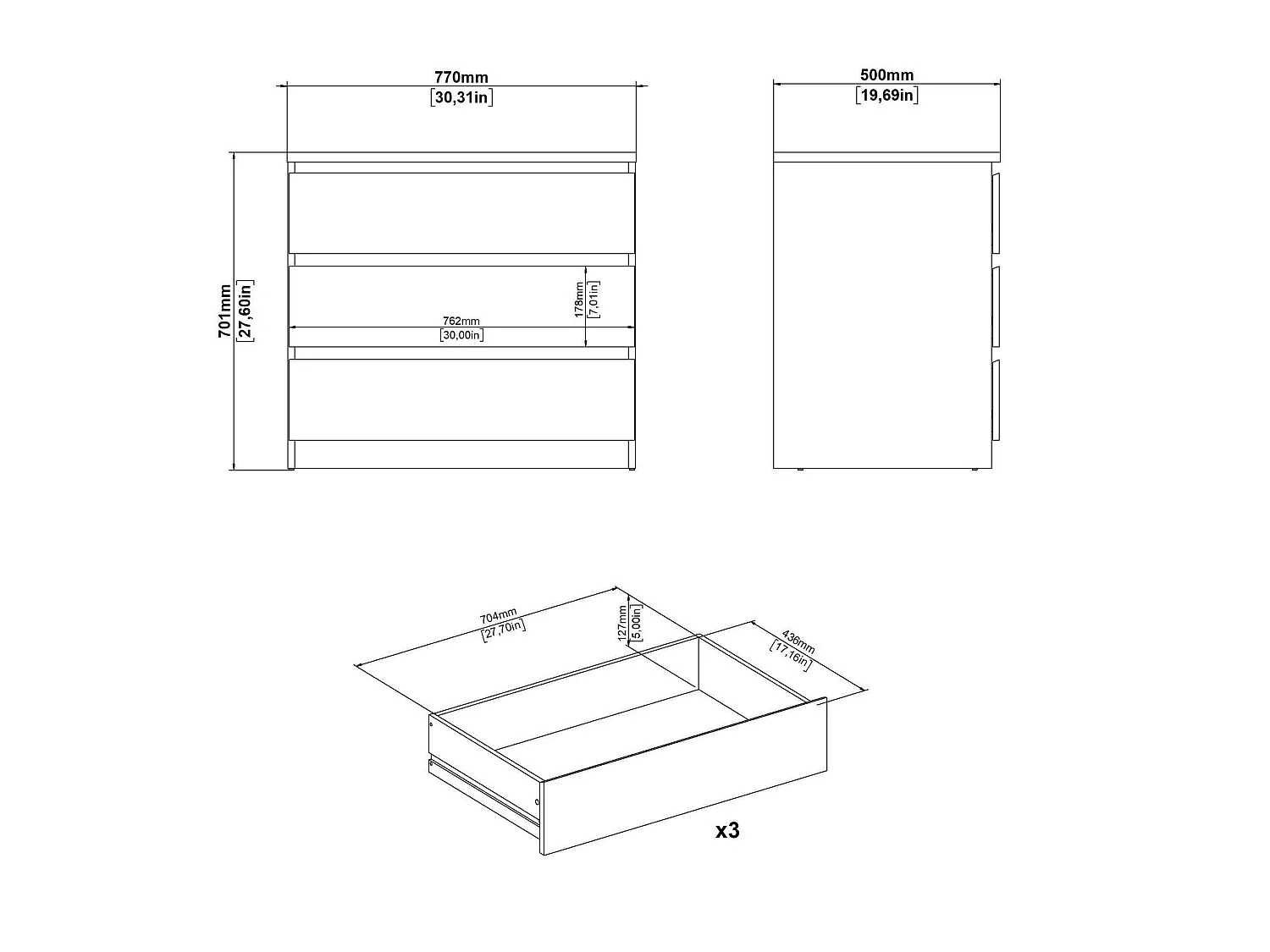 Cômoda Vistara, 3 Gavetas, 77x50x70h cm Bege, Abertura Deslizante, Fecho Deslizante