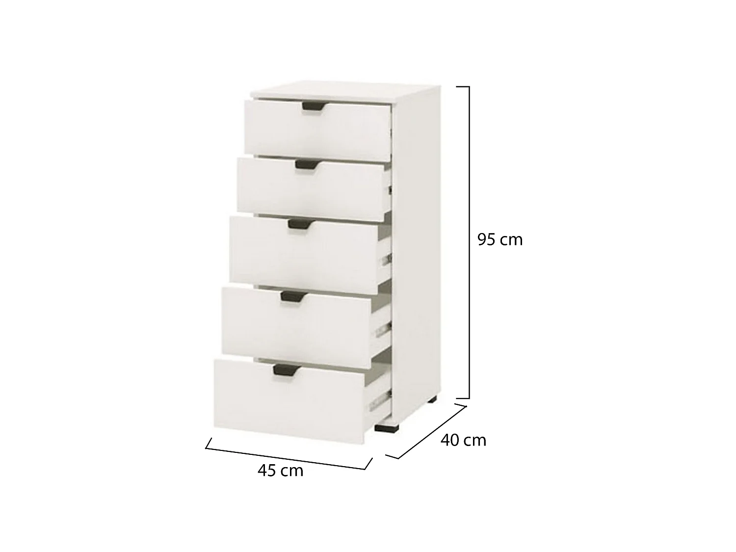Cassettiera Mainarda, 5 Cassetti, 45x40x95h cm Bianco, Apertura Scorrevole, Chiusura Scorrevole