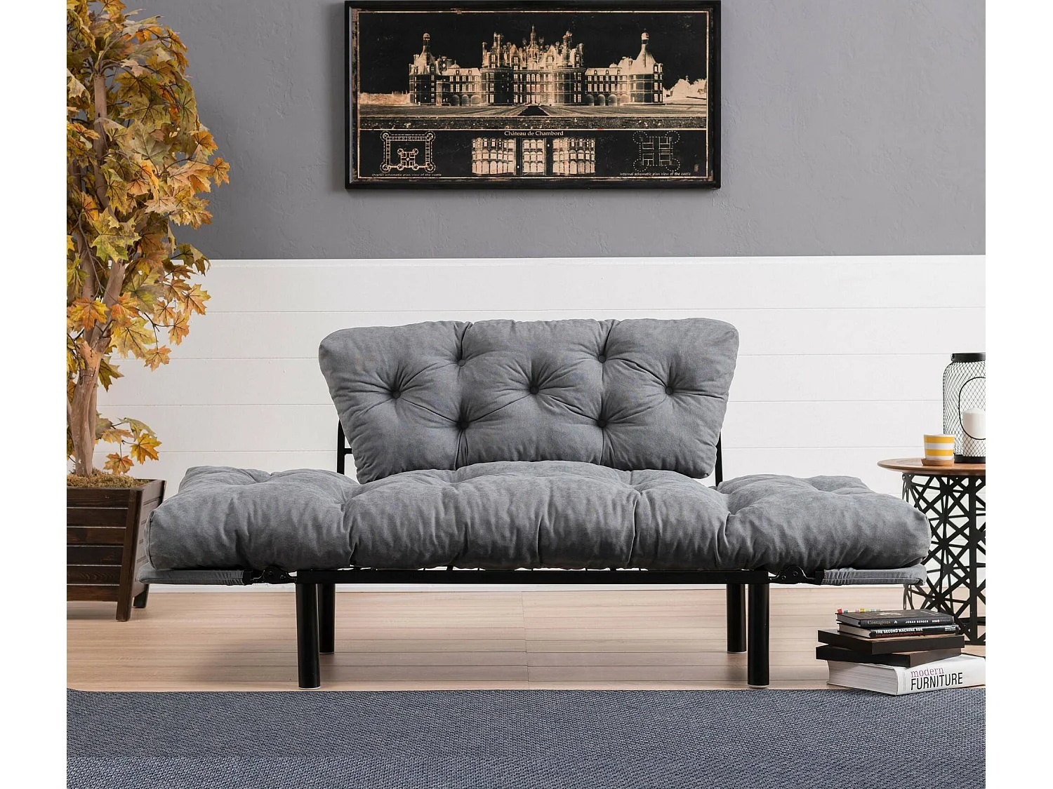 Canapé-lit 2 places Guchol, coffre, 155x70 cm gris, inclinable, accoudoirs