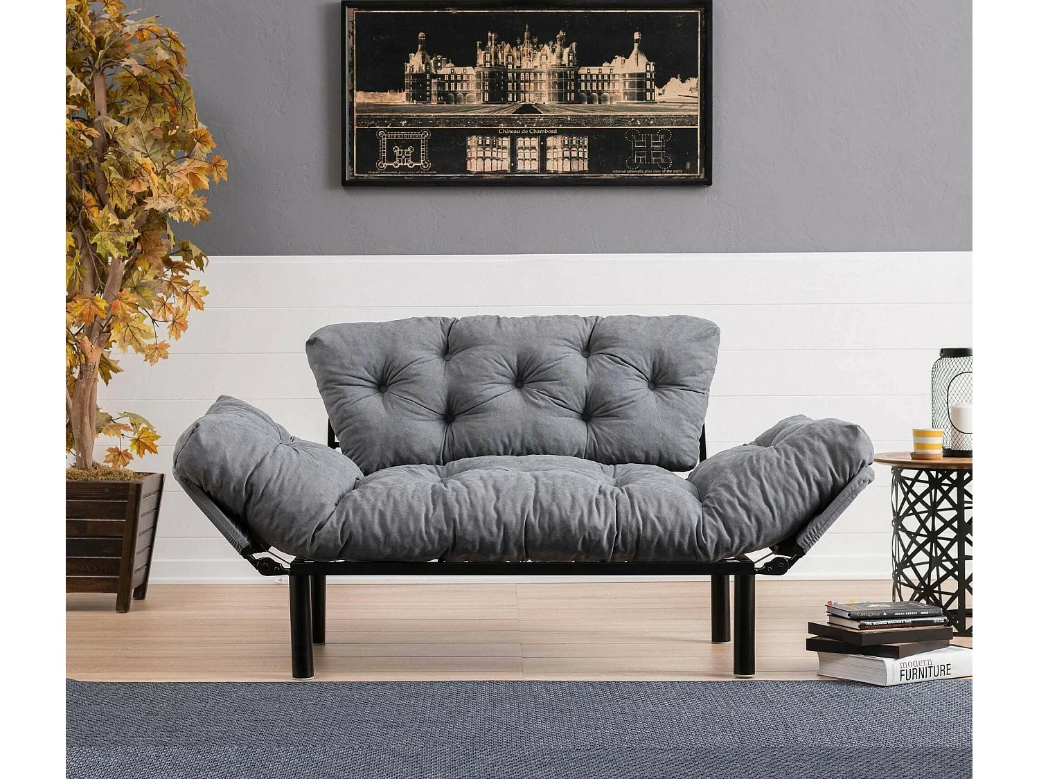 Canapé-lit 2 places Guchol, coffre, 155x70 cm gris, inclinable, accoudoirs