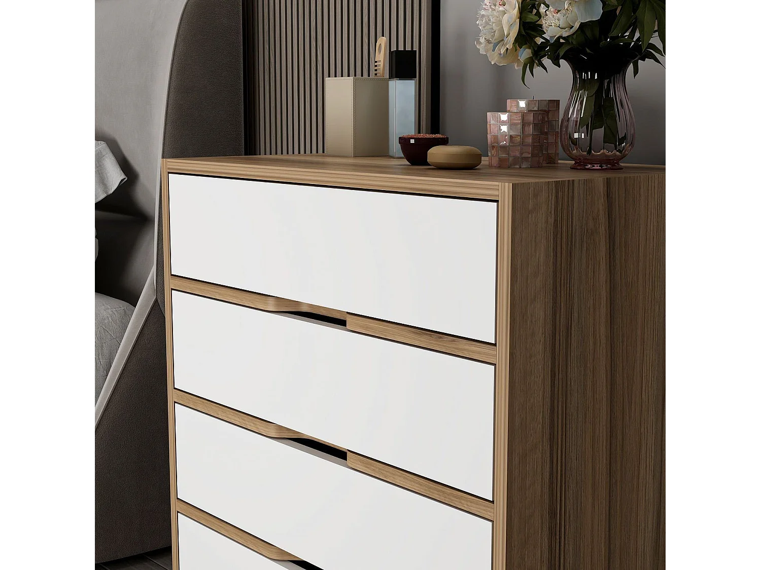 Cassettiera Lallio, 4 Cassetti, 70x40x80h cm Bianco, Apertura Scorrevole, Chiusura Scorrevole