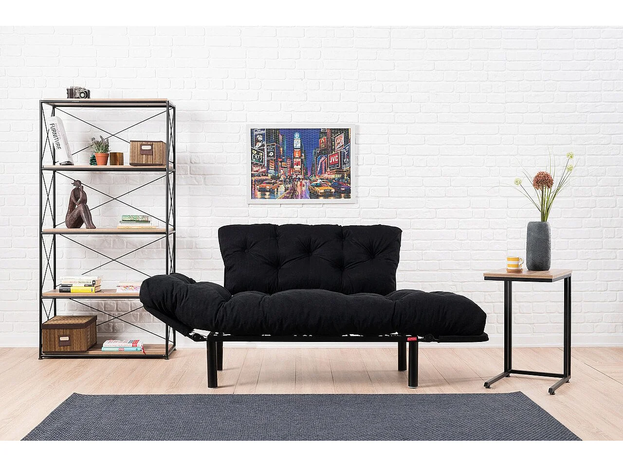 Canapé-lit 2 places Guchol, coffre de rangement, 155x70 cm noir, inclinable, accoudoirs