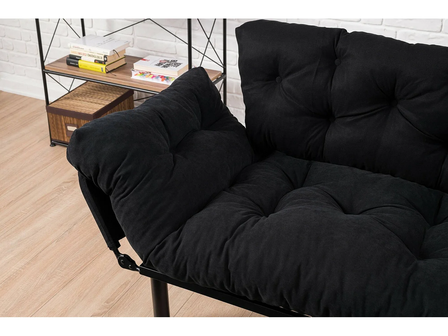 Canapé-lit 2 places Guchol, coffre de rangement, 155x70 cm noir, inclinable, accoudoirs