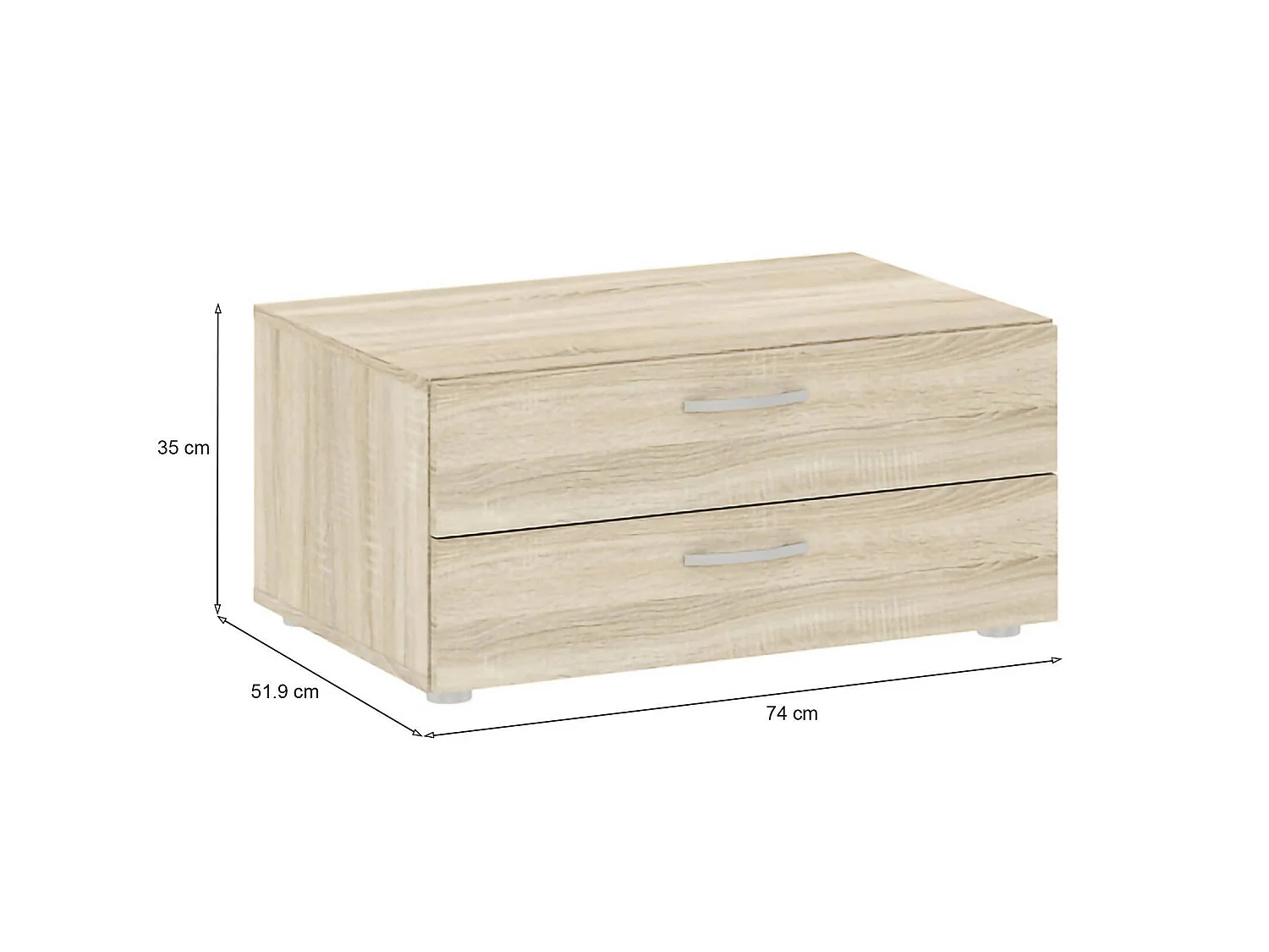 Cómoda plana, 2 cajones, 74x52x35h cm roble marrón, apertura corredera, cierre corredero
