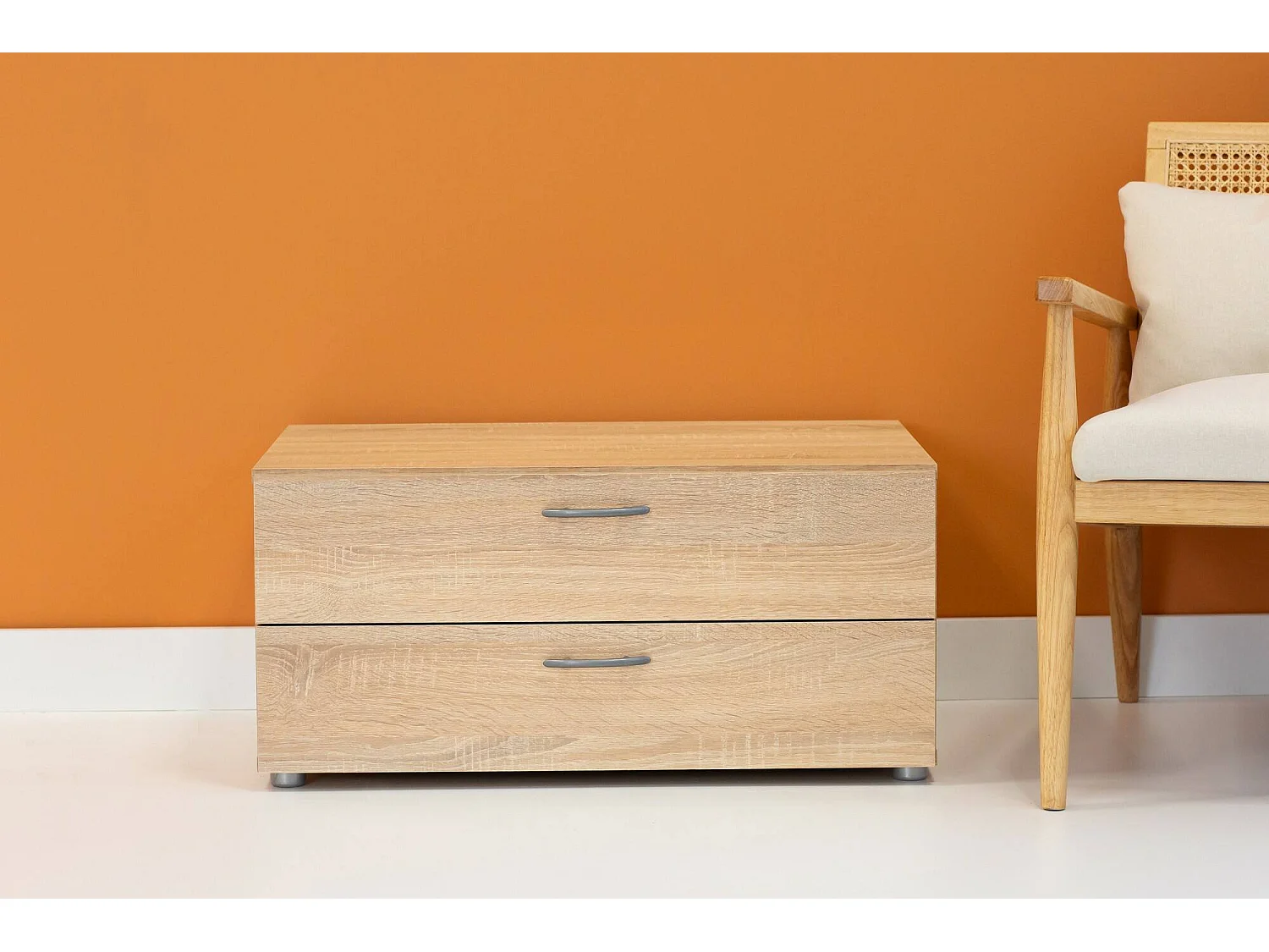 Cómoda plana, 2 cajones, 74x52x35h cm roble marrón, apertura corredera, cierre corredero