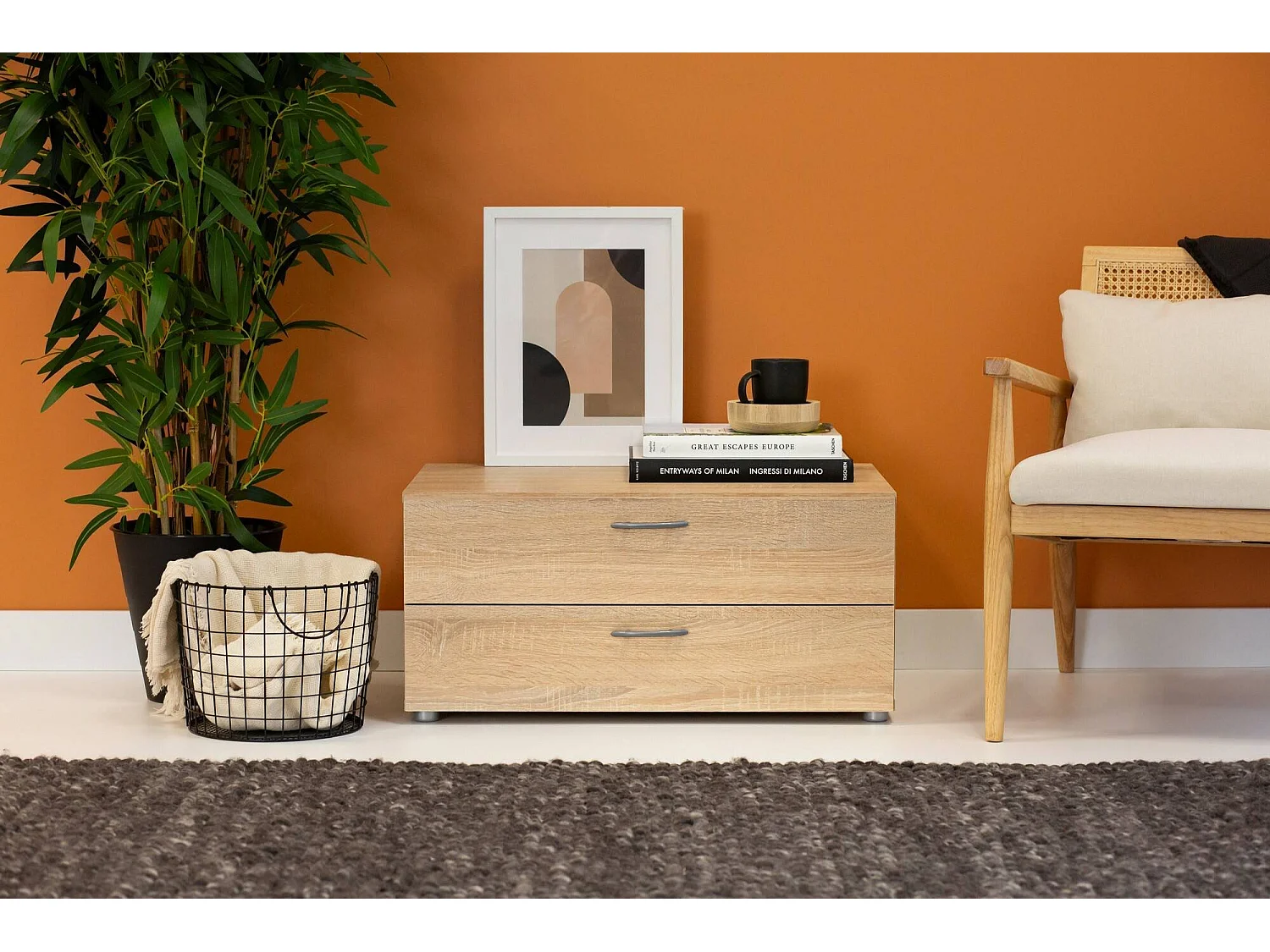 Cómoda plana, 2 cajones, 74x52x35h cm roble marrón, apertura corredera, cierre corredero