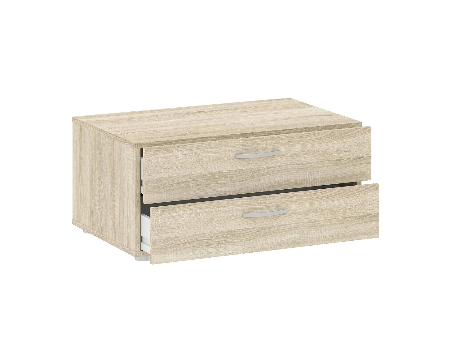 Cómoda plana, 2 cajones, 74x52x35h cm roble marrón, apertura corredera, cierre corredero