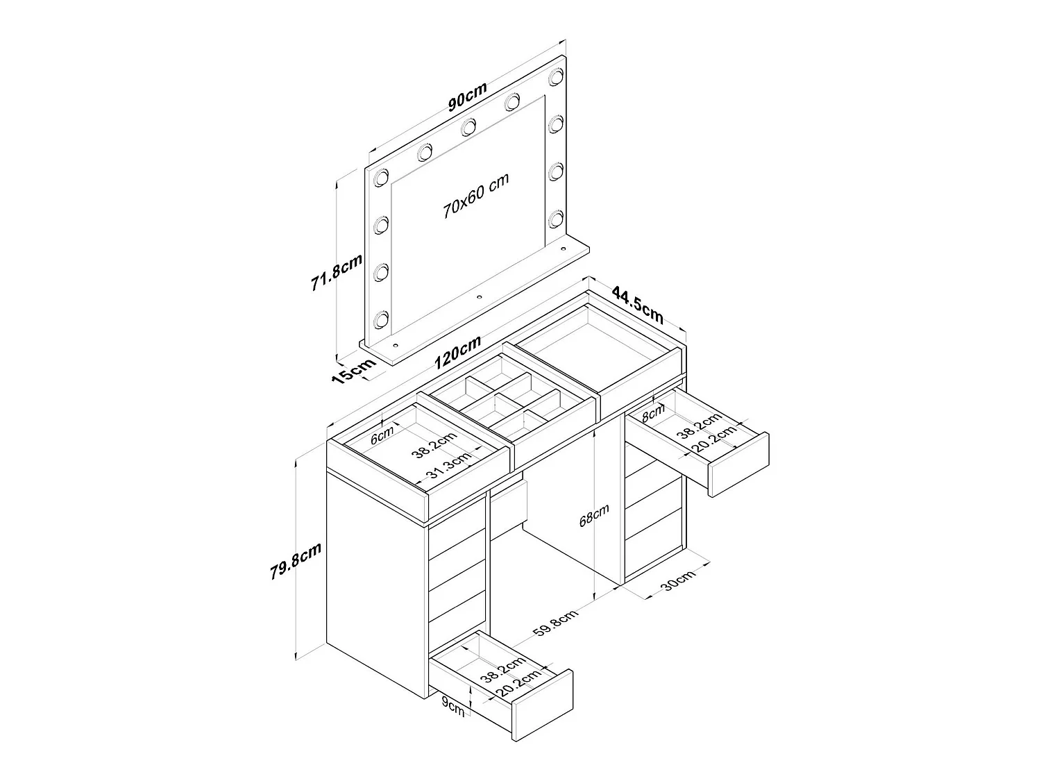 Ladekast Labico, 13 laden, 120x45x80h cm wit, schuifopening, schuifsluiting