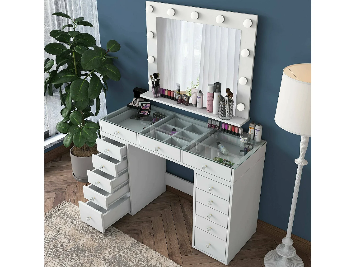 Ladekast Labico, 13 laden, 120x45x80h cm wit, schuifopening, schuifsluiting