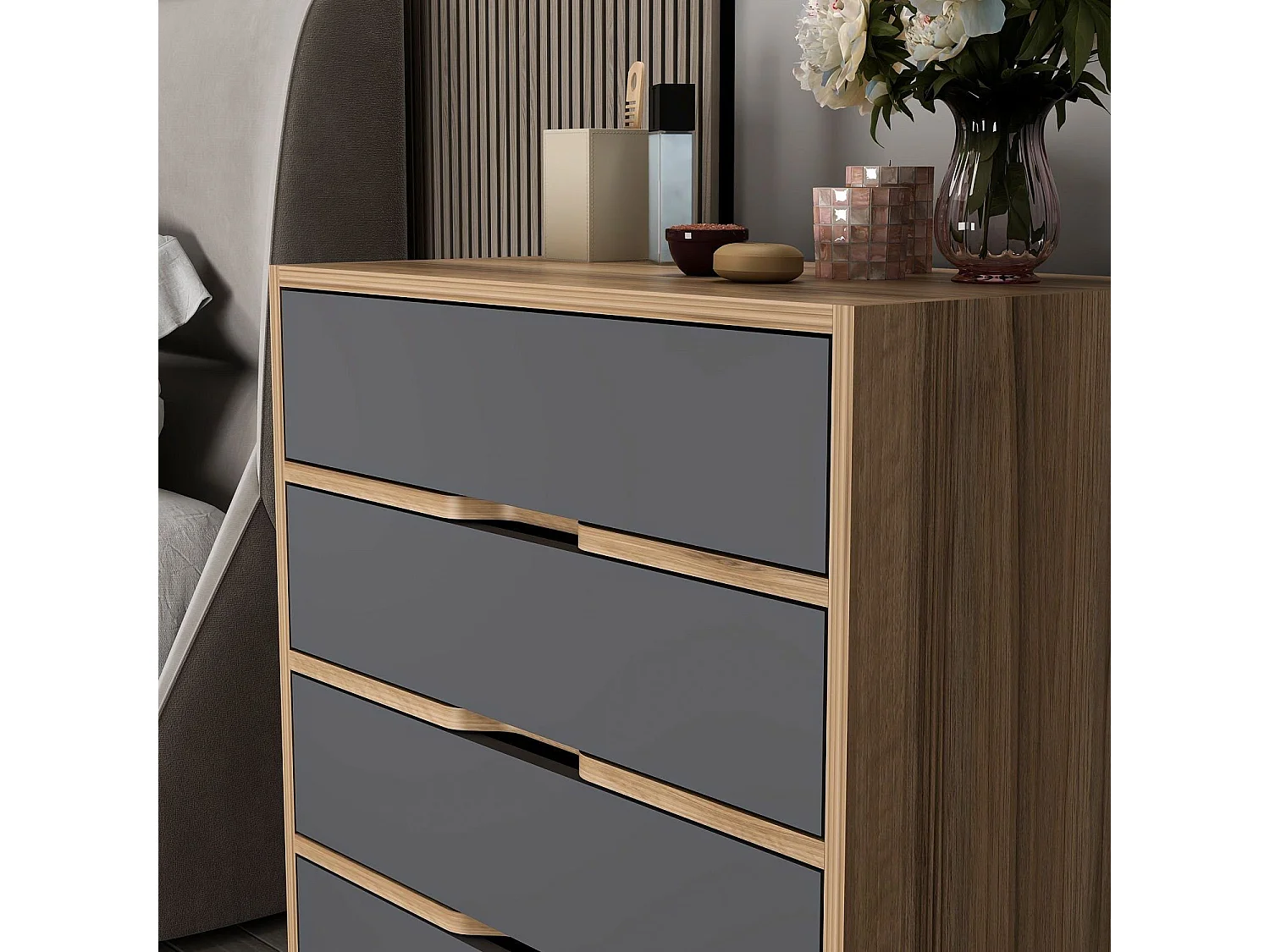 Cassettiera Gazzola, 4 Cassetti, 70x40x79h cm Nero Antracite, Apertura Scorrevole, Chiusura Scorrevole