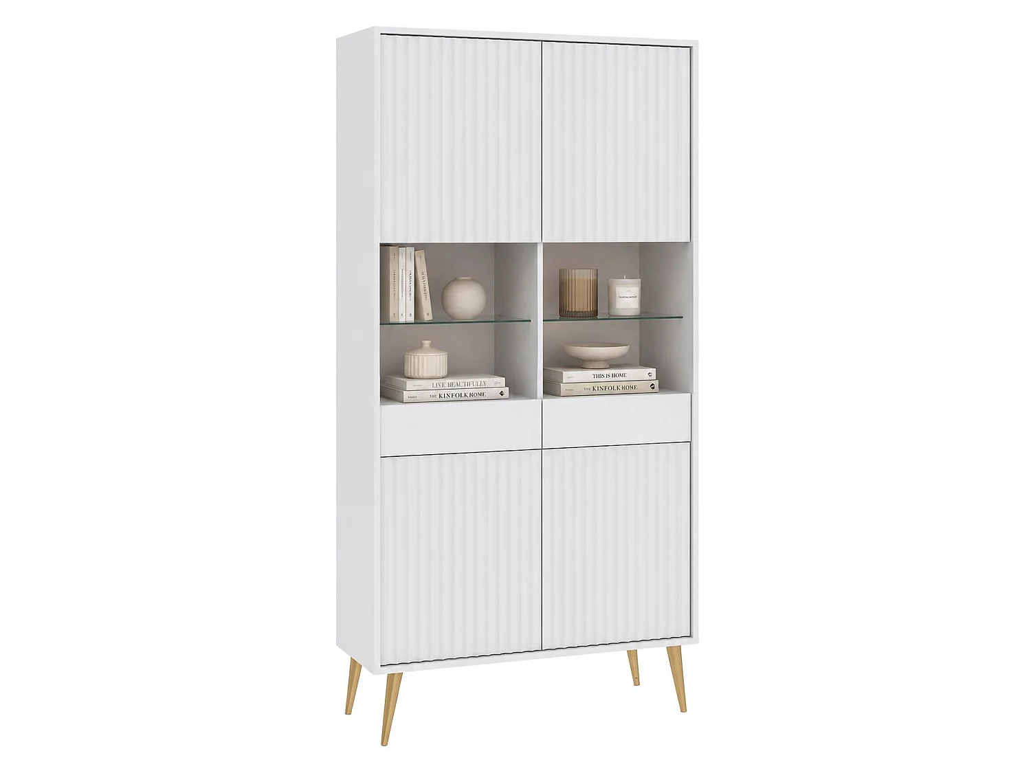 Vetrina Lenega, 6 Ripiani, 91x40x193h cm Bianco, Mobile Espositore, 2 Ante, 2 Riapiani in Vetro