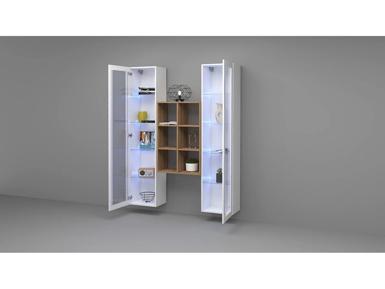 Vitrine Fulvio, 12 étagères Made in Italy, 30x40x180h cm Blanc Brillant, Meuble d'Exposition