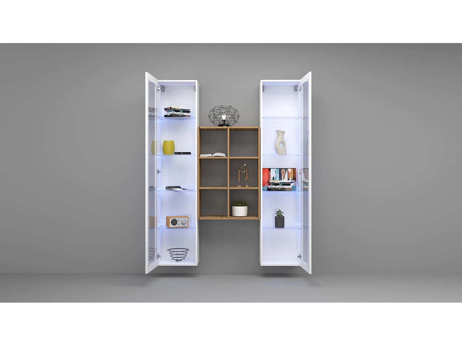 Vitrine Fulvio, 12 étagères Made in Italy, 30x40x180h cm Blanc Brillant, Meuble d'Exposition