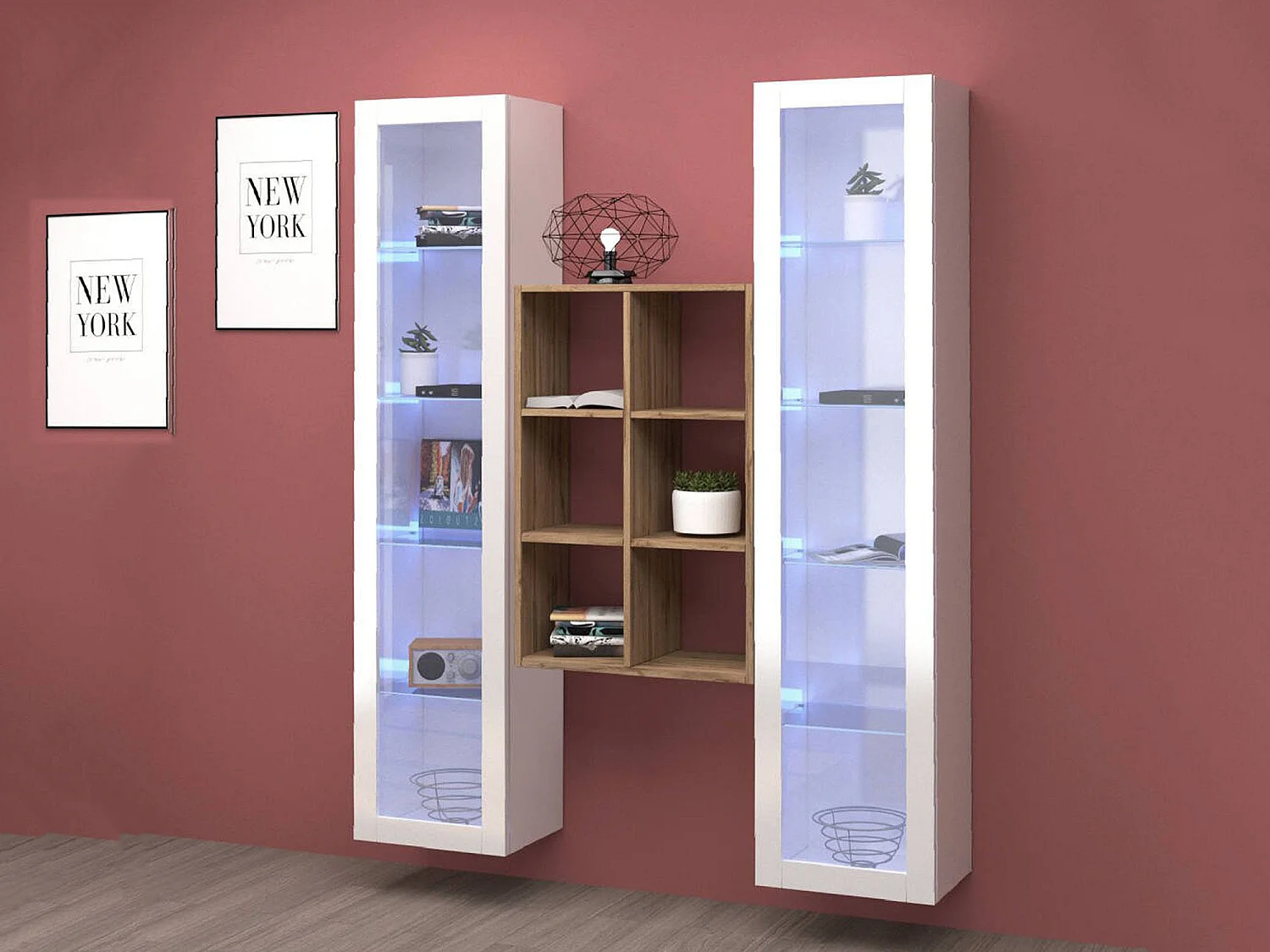 Vitrine Fulvio, 12 étagères Made in Italy, 30x40x180h cm Blanc Brillant, Meuble d'Exposition