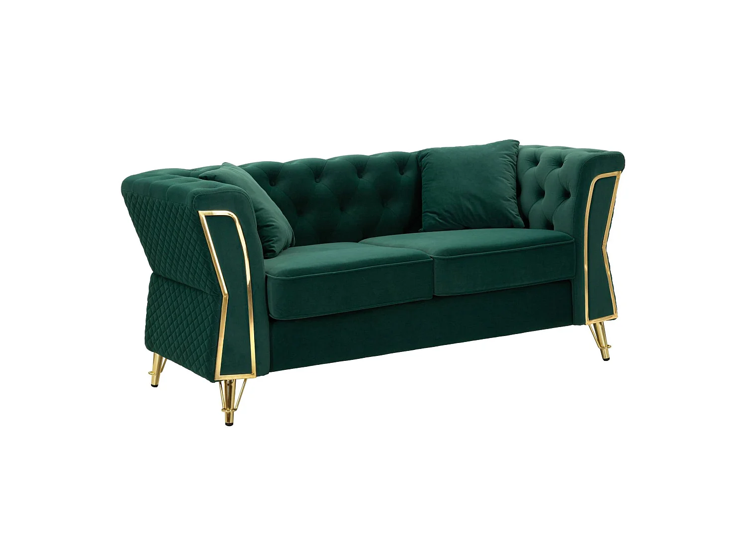Sofá fijo 2 plazas Casio, tapizado en terciopelo acolchado, 2 cojines incluidos, 162x83x76h cm verde, reposabrazos