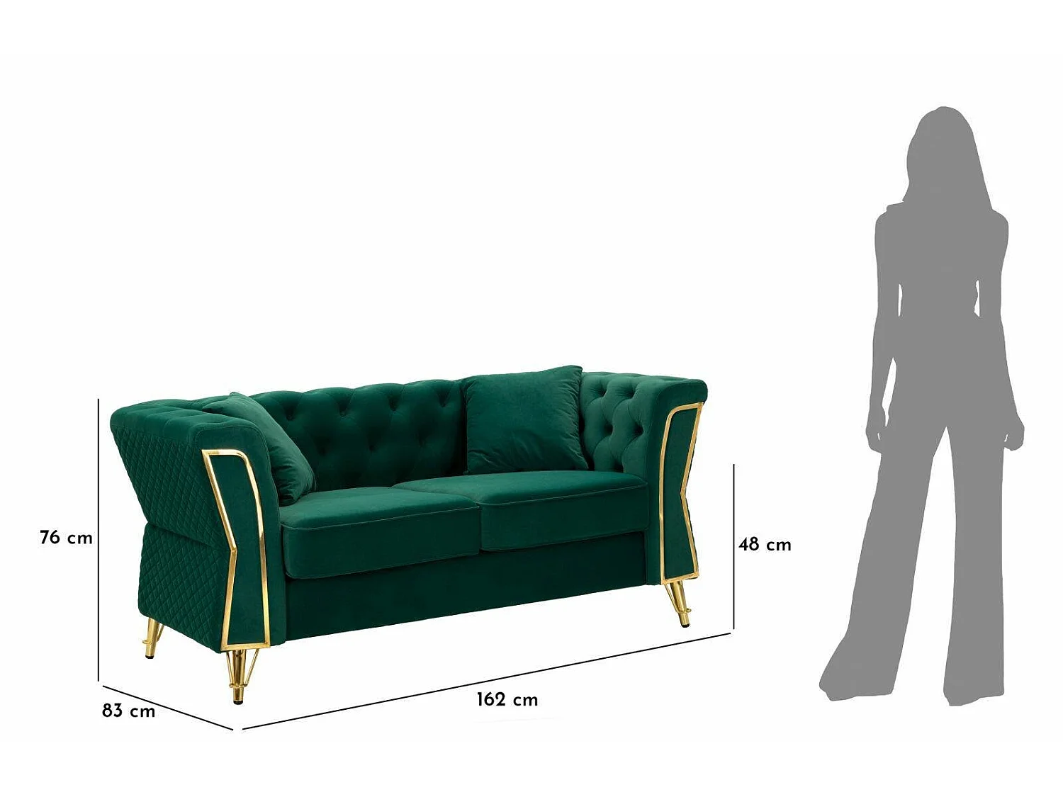 Sofá fijo 2 plazas Casio, tapizado en terciopelo acolchado, 2 cojines incluidos, 162x83x76h cm verde, reposabrazos