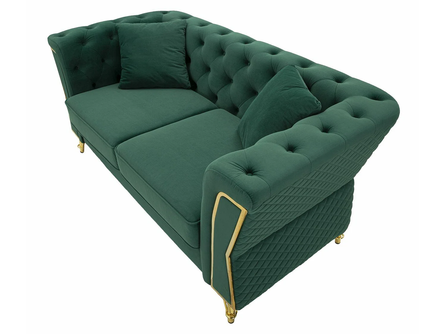 Sofá fijo 2 plazas Casio, tapizado en terciopelo acolchado, 2 cojines incluidos, 162x83x76h cm verde, reposabrazos