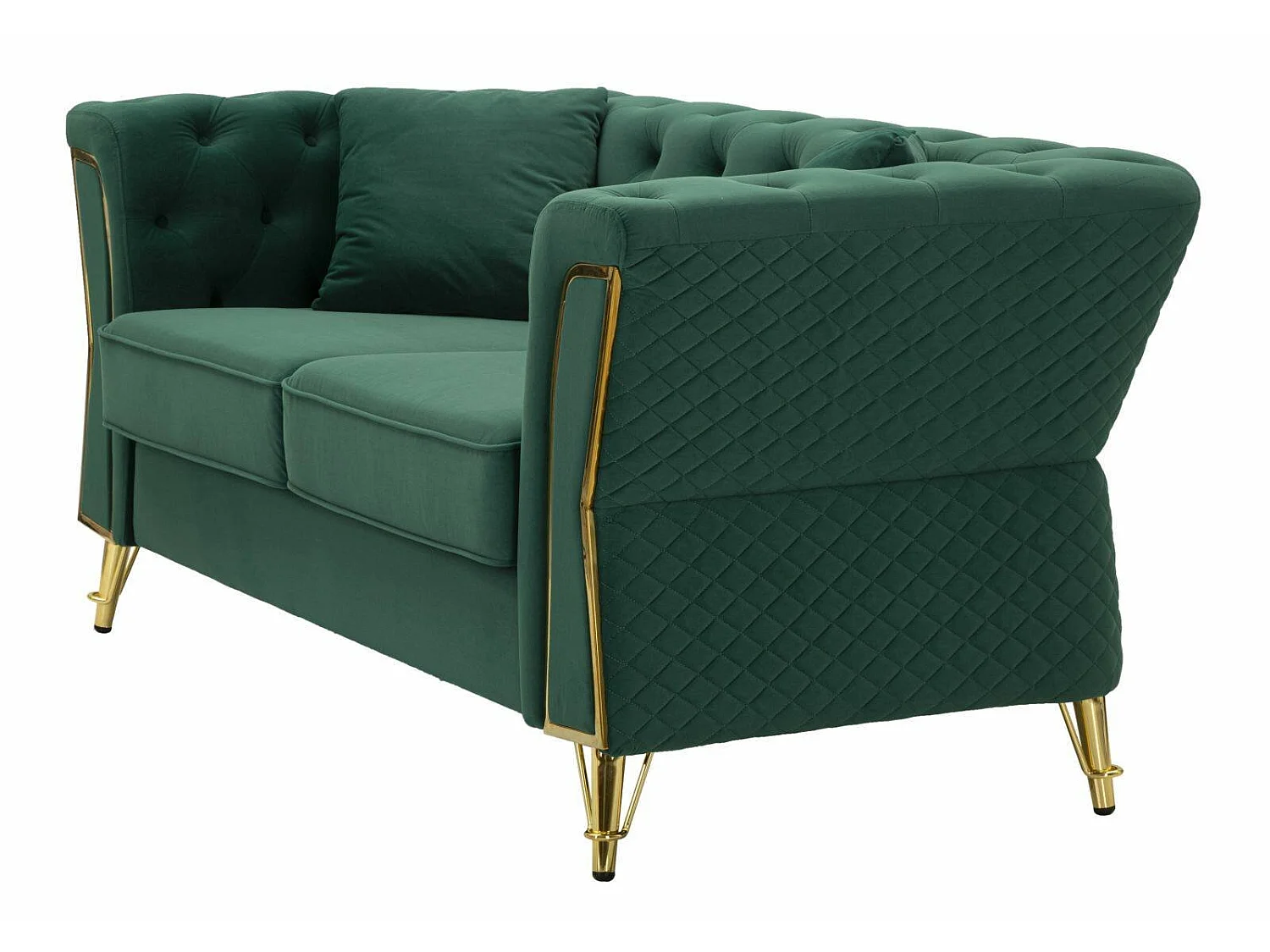 Sofá fijo 2 plazas Casio, tapizado en terciopelo acolchado, 2 cojines incluidos, 162x83x76h cm verde, reposabrazos