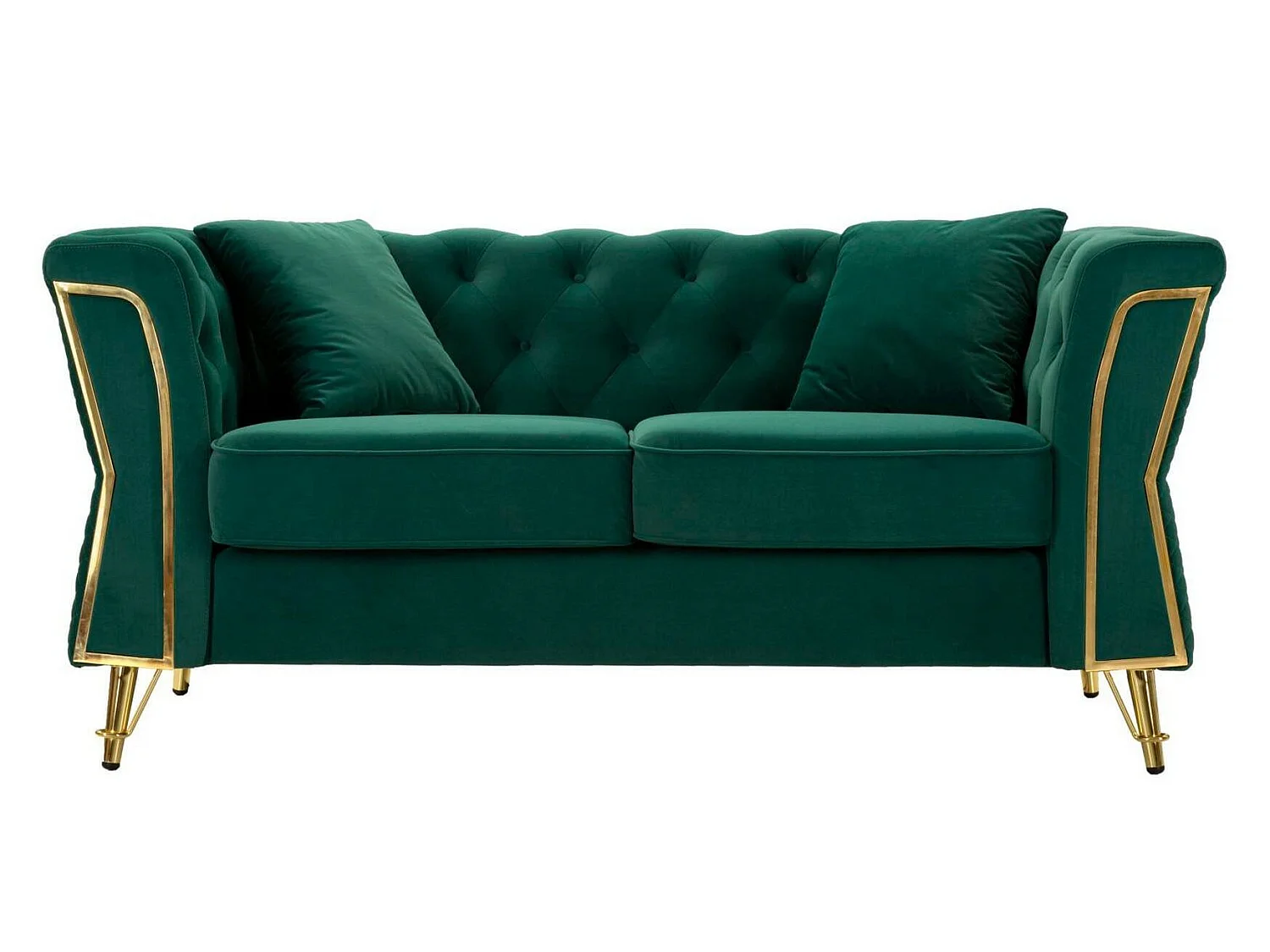 Sofá fijo 2 plazas Casio, tapizado en terciopelo acolchado, 2 cojines incluidos, 162x83x76h cm verde, reposabrazos