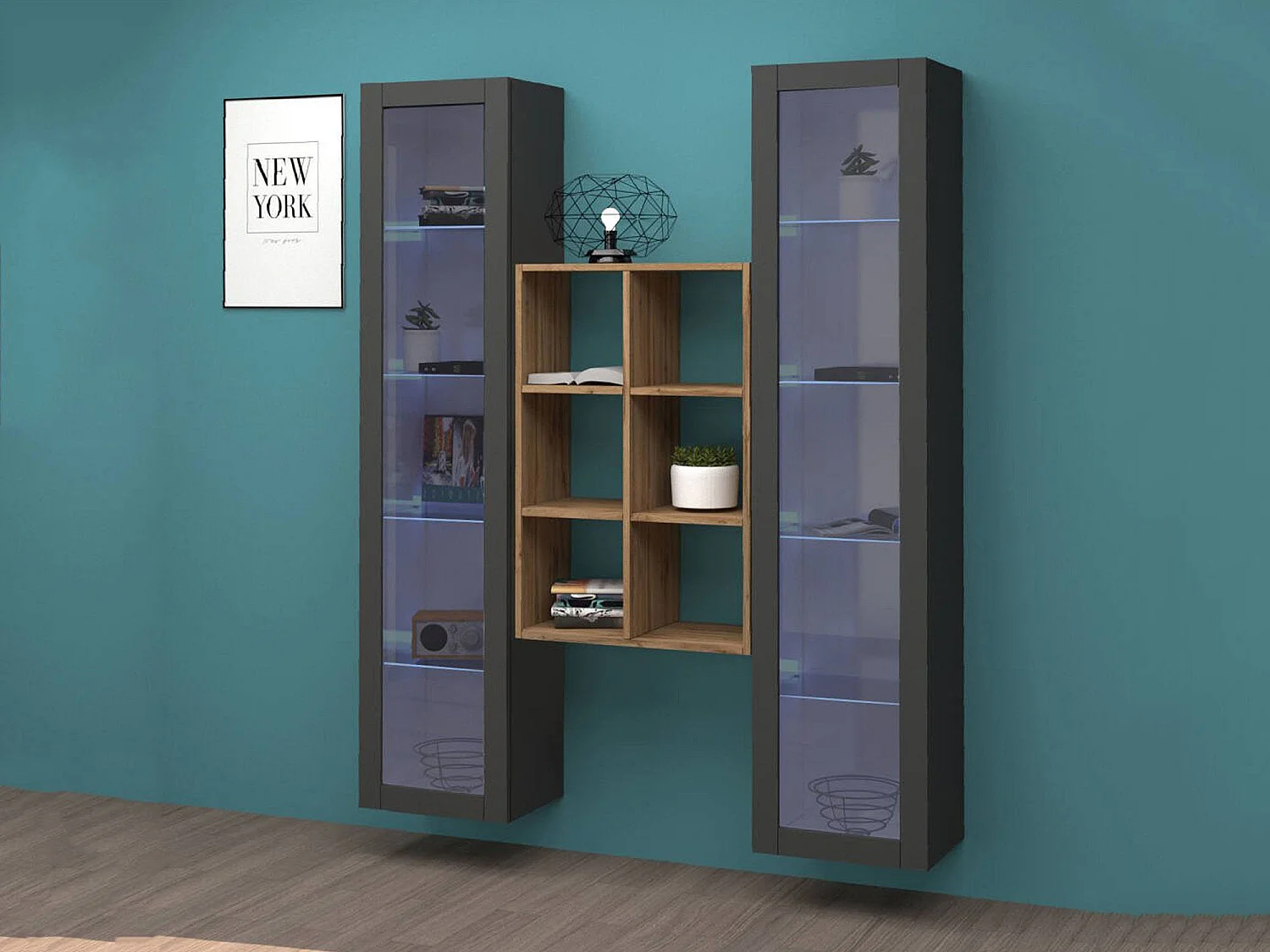 Vitrine Fulvio, 12 Étagères Made in Italy, 30x40x180h cm Noir Anthracite, Meuble Exposition