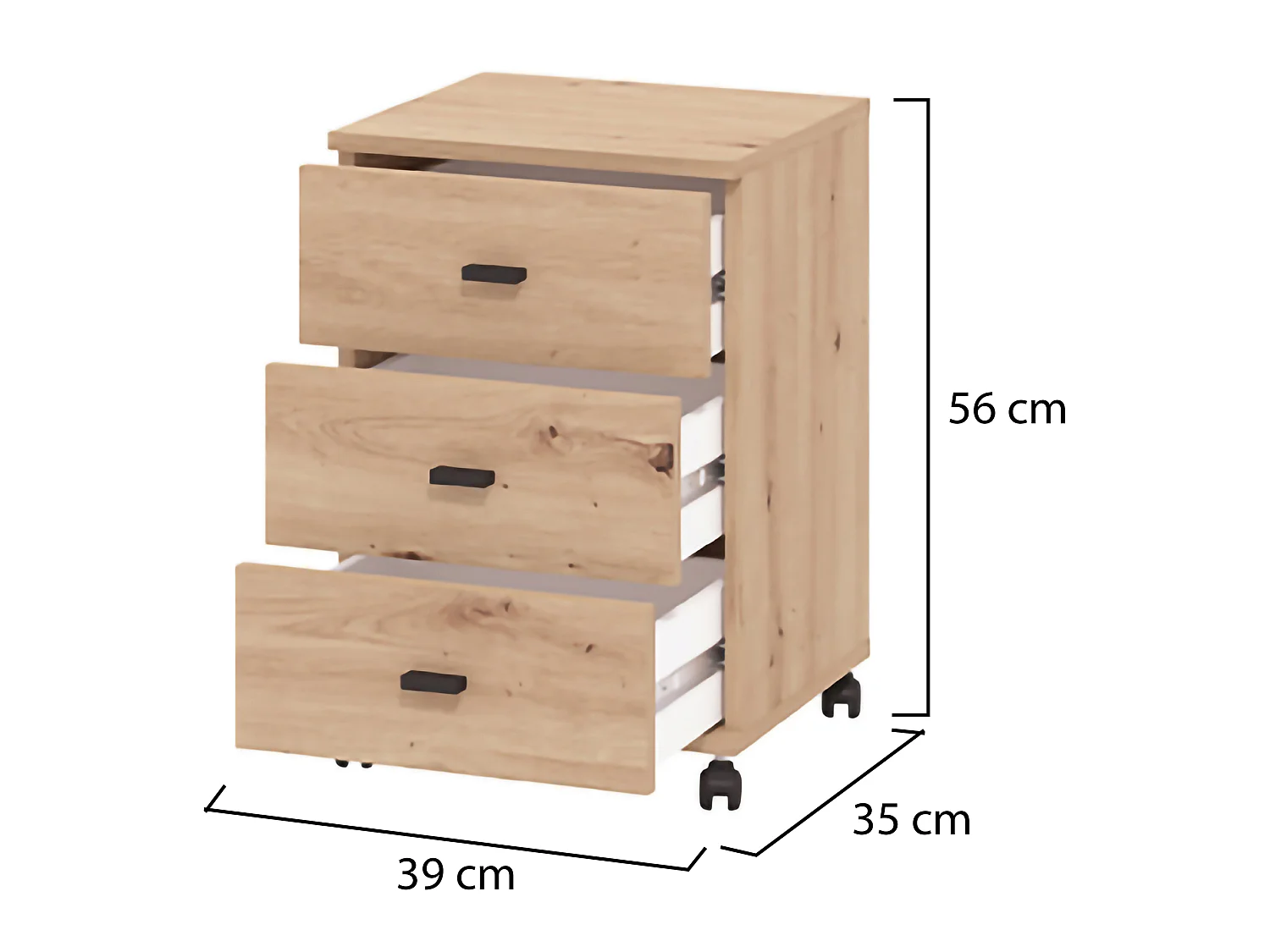 Cassettiera Kaza, 3 Cassetti, 39x35x56h cm Marrone Rovere Nodi, con Ruote, Apertura Scorrevole