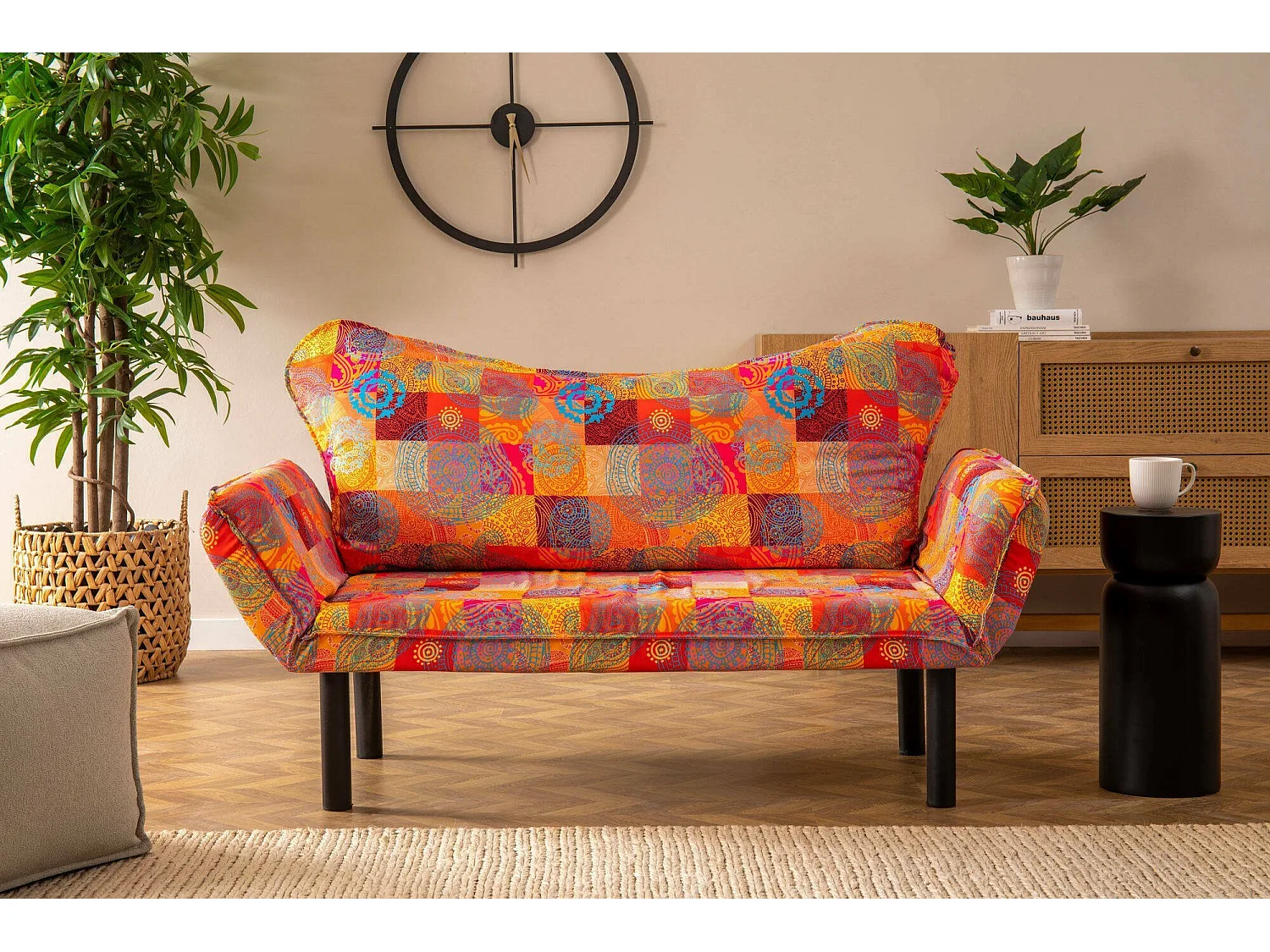 Canapé-lit 2 places Hone, coffre de rangement, 150x65 cm multicolore, inclinable, accoudoirs